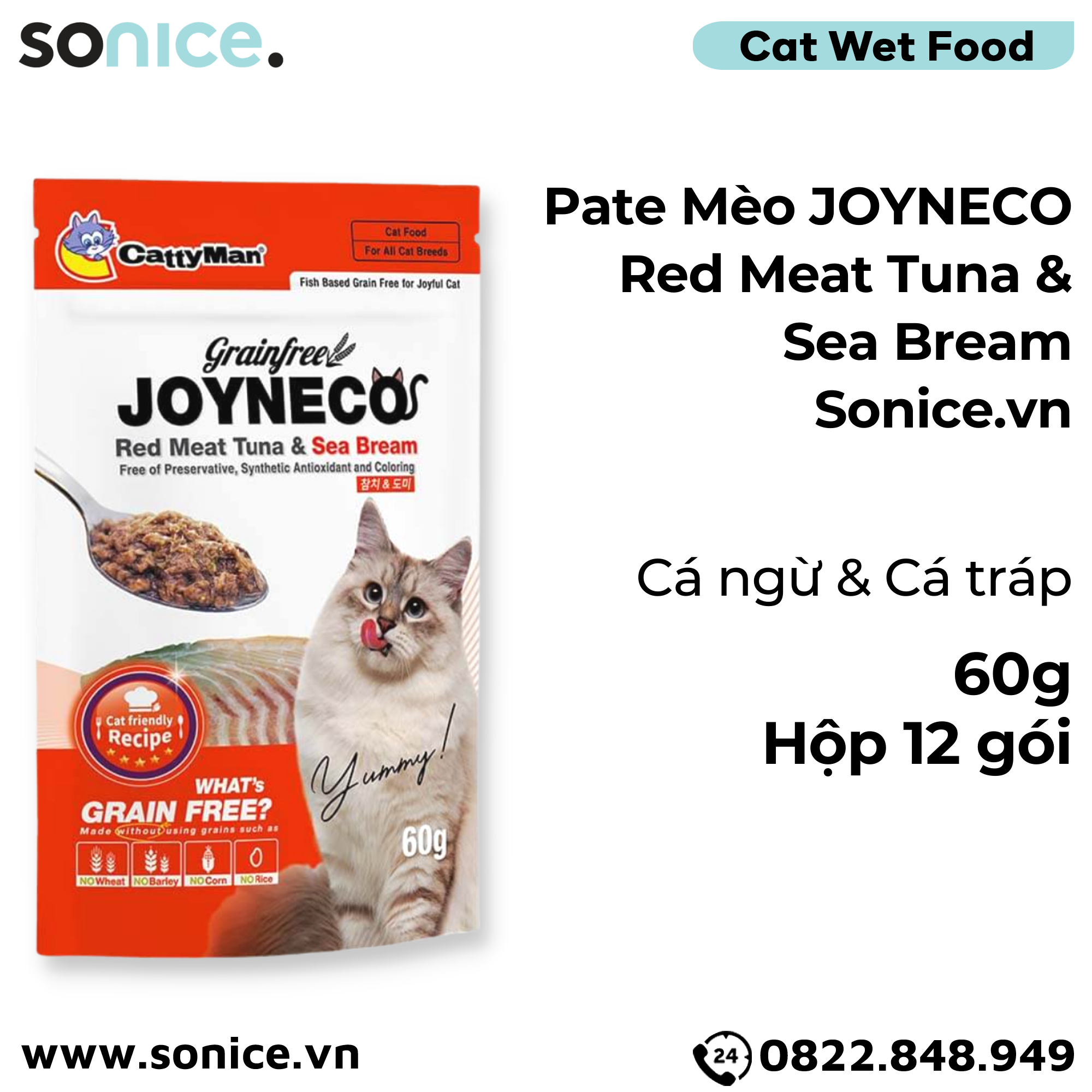  Pate mèo JOYNECO vị Cá Ngừ & Cá Tráp 60g - hộp 12 gói SONICE. 