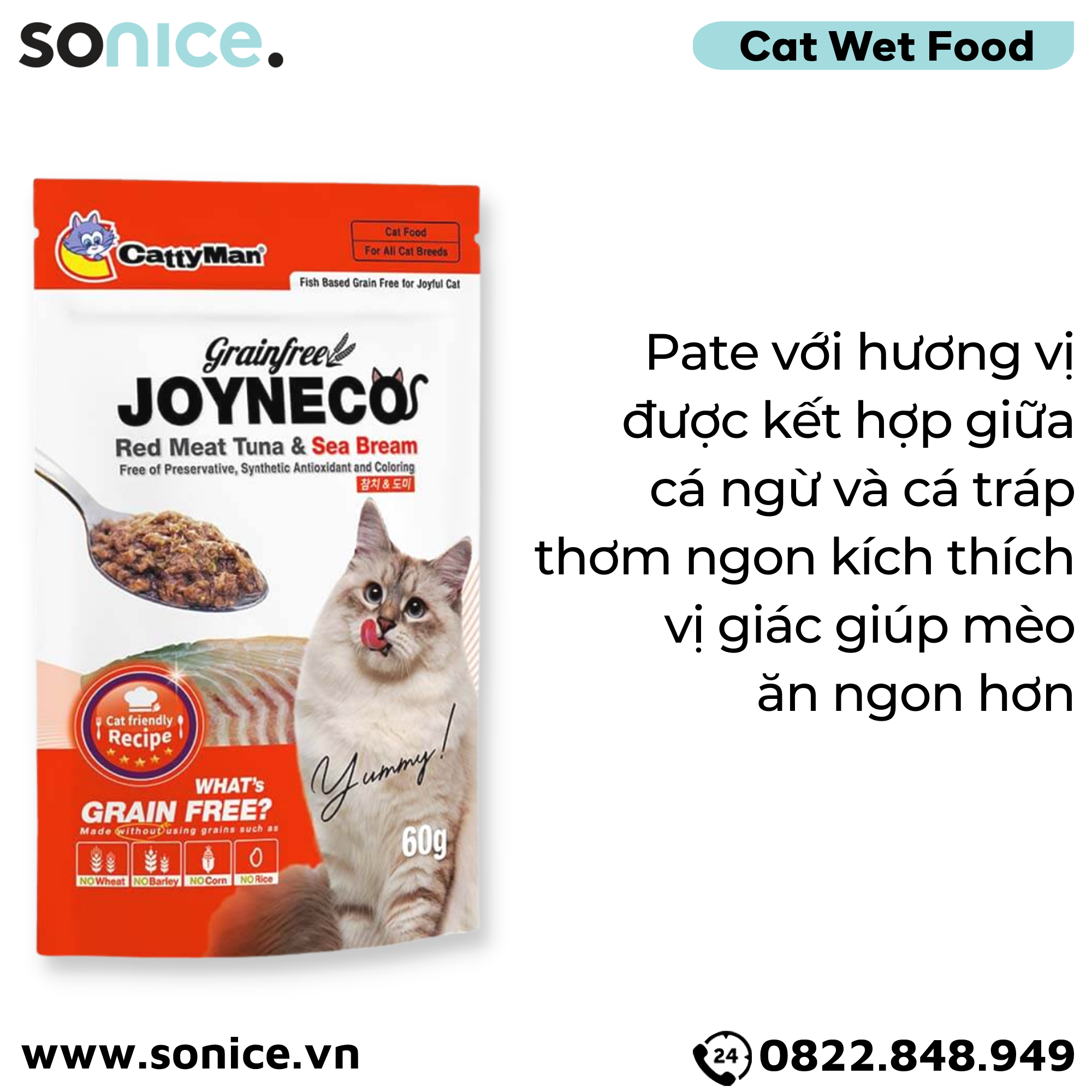  Pate mèo JOYNECO vị Cá Ngừ & Cá Tráp 60g - hộp 12 gói SONICE. 