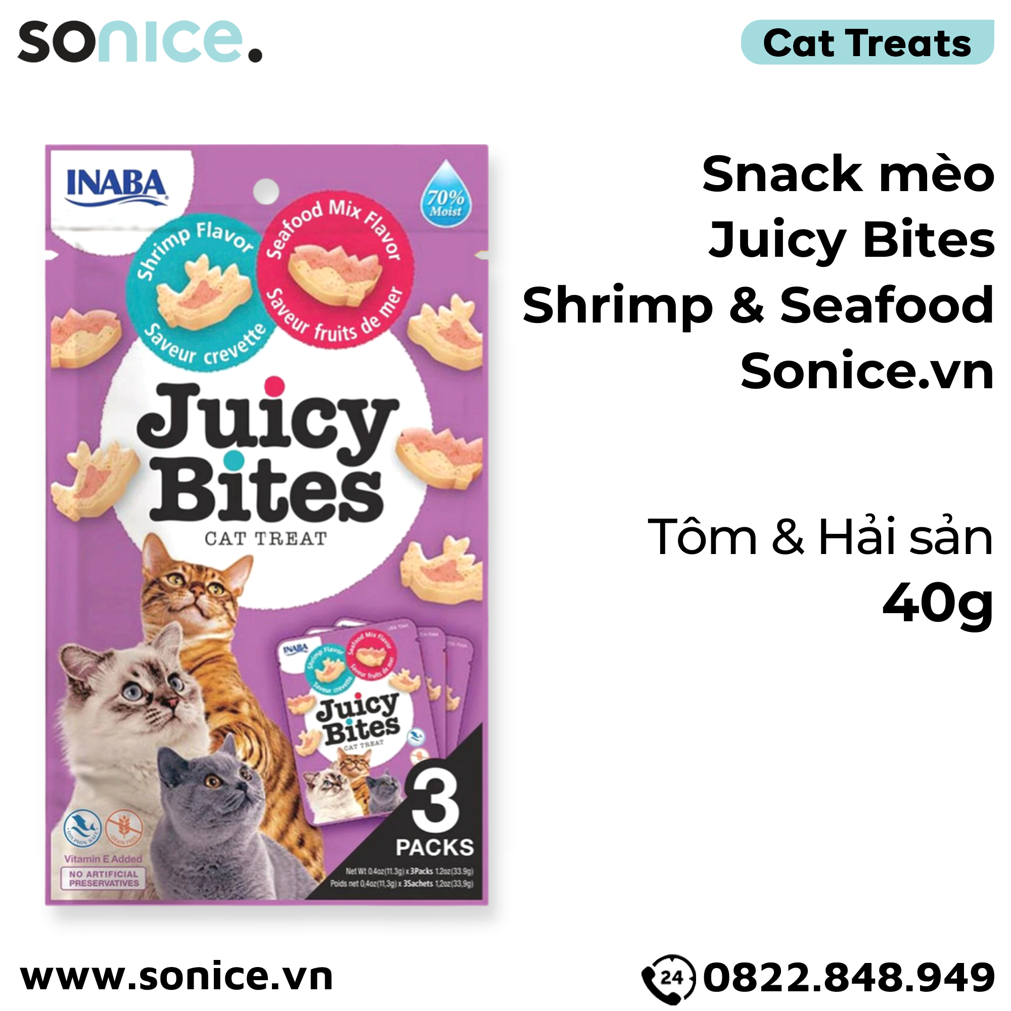 Snack mèo Juicy Bites Shrimp & Seafood - 40g SONICE.