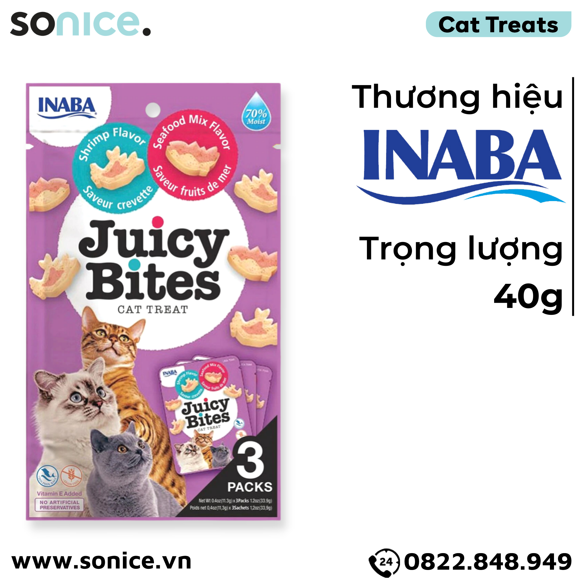 Snack mèo Juicy Bites Shrimp & Seafood - 40g SONICE.