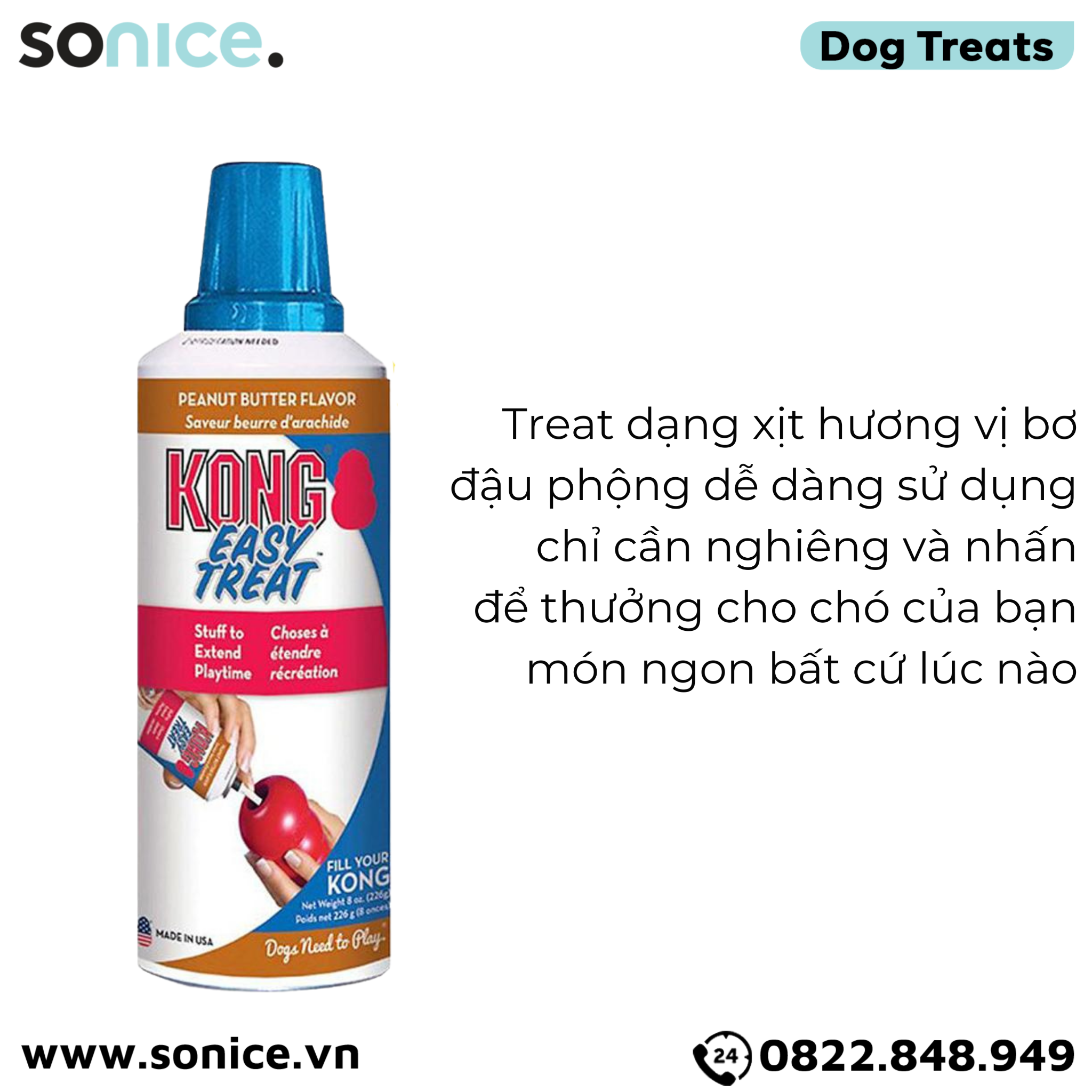 Treat Kong Stuff Easy Peanut Butter 226g - dạng gel vị bơ đậu phộng, kết hợp cùng đồ chơi KONG SONICE.