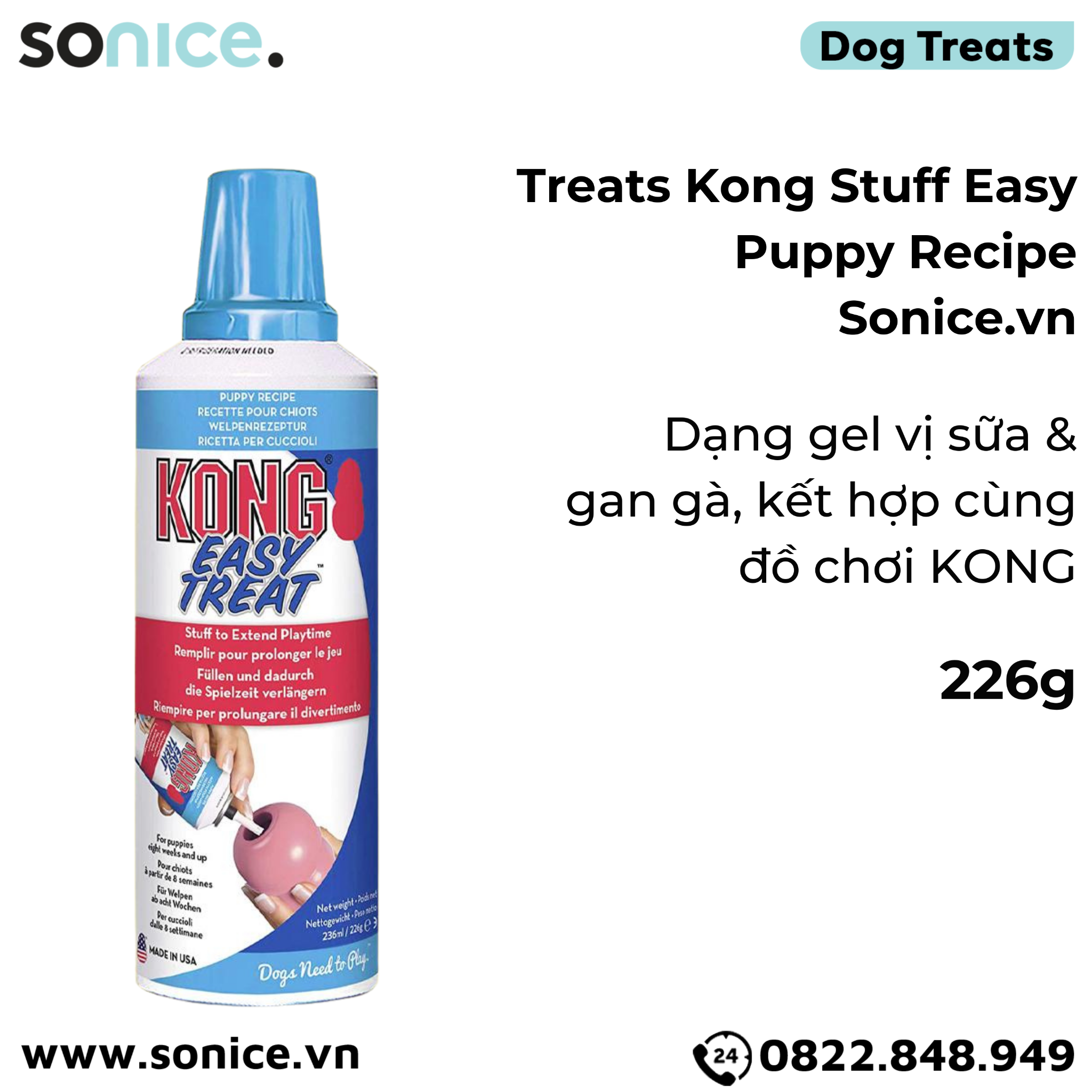 Treats Kong Stuff Easy Puppy Recipe 226g - dạng gel vị sữa & gan gà, kết hợp cùng đồ chơi KONG SONICE.