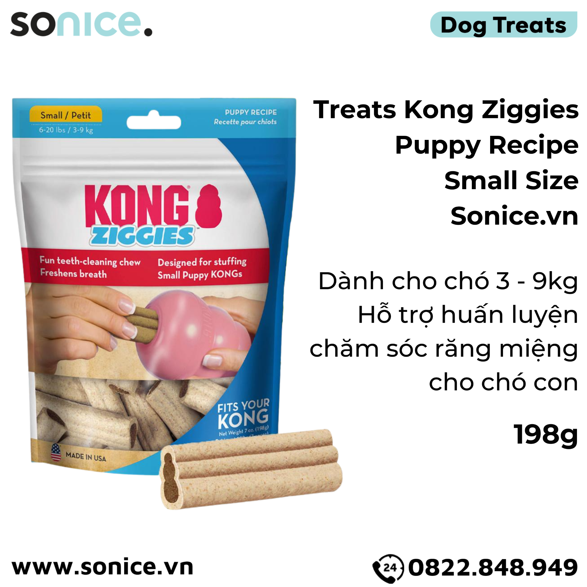 Treats Kong Ziggies Puppy Recipe Small Size 198g - Cho chó 3-9kg, hỗ trợ huấn luyện, chăm sóc răng miệng cho chó con SONICE.