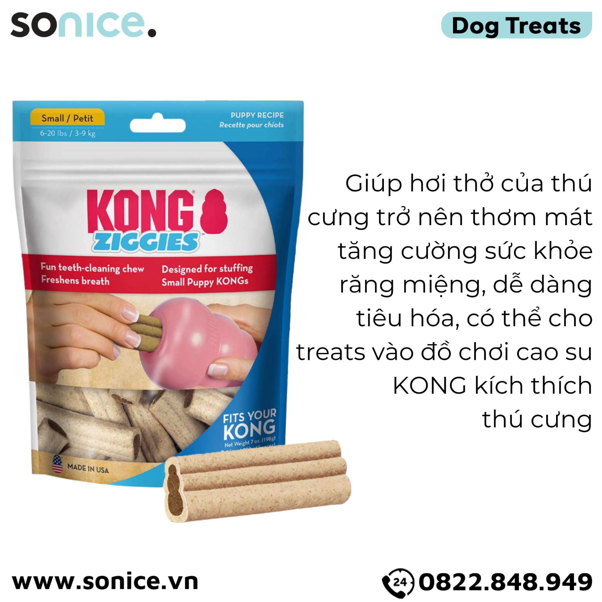 Treats Kong Ziggies Puppy Recipe Small Size 198g - Cho chó 3-9kg, hỗ trợ huấn luyện, chăm sóc răng miệng cho chó con SONICE.
