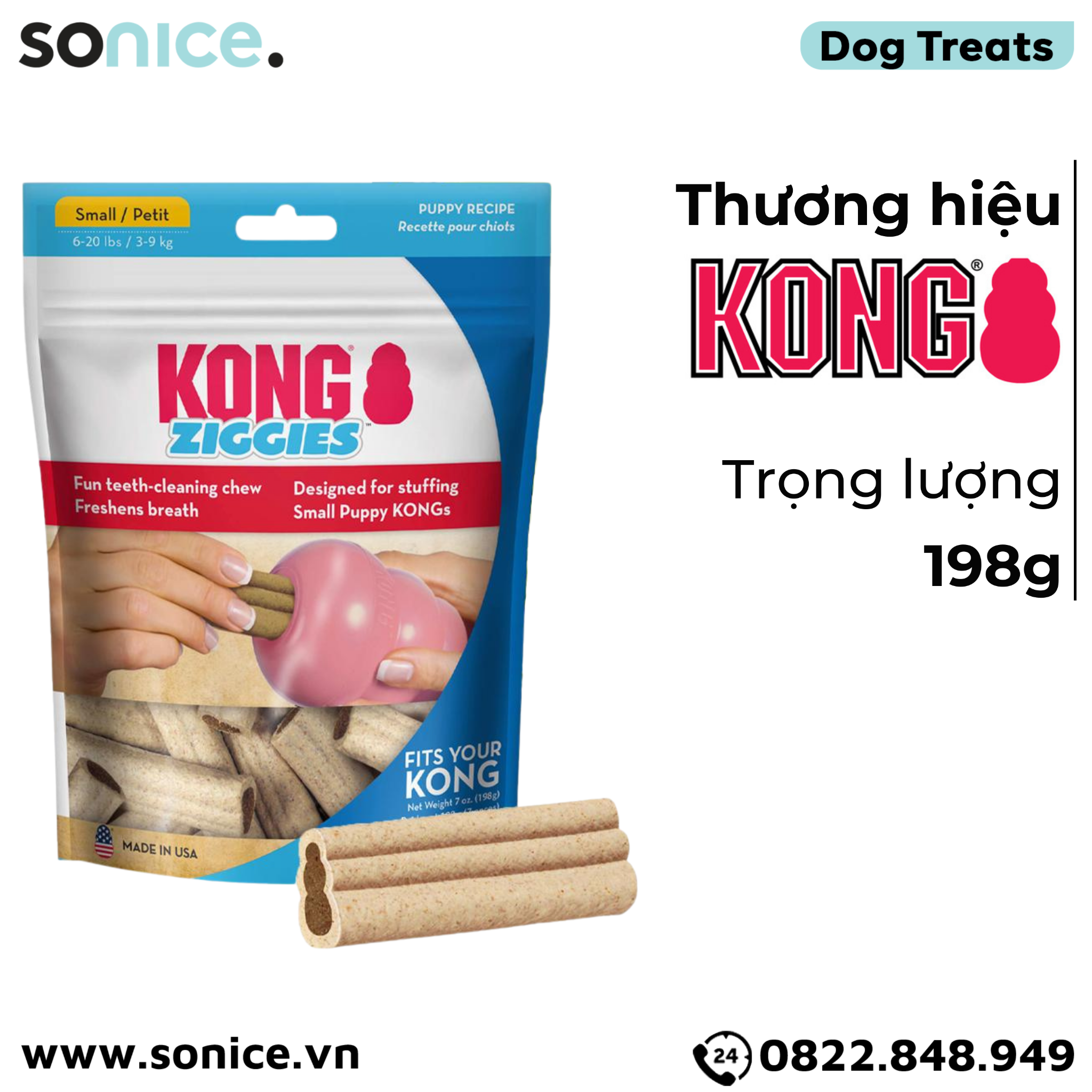 Treats Kong Ziggies Puppy Recipe Small Size 198g - Cho chó 3-9kg, hỗ trợ huấn luyện, chăm sóc răng miệng cho chó con SONICE.