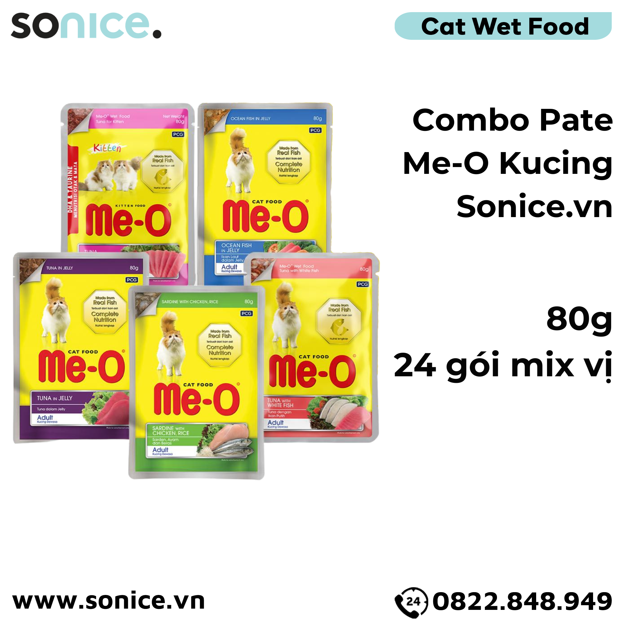 Combo Pate Me-o Kucing Mix vị Tuna, Ocean Fish, Sardine, White Fish, Chicken 80g - 24 gói SONICE.