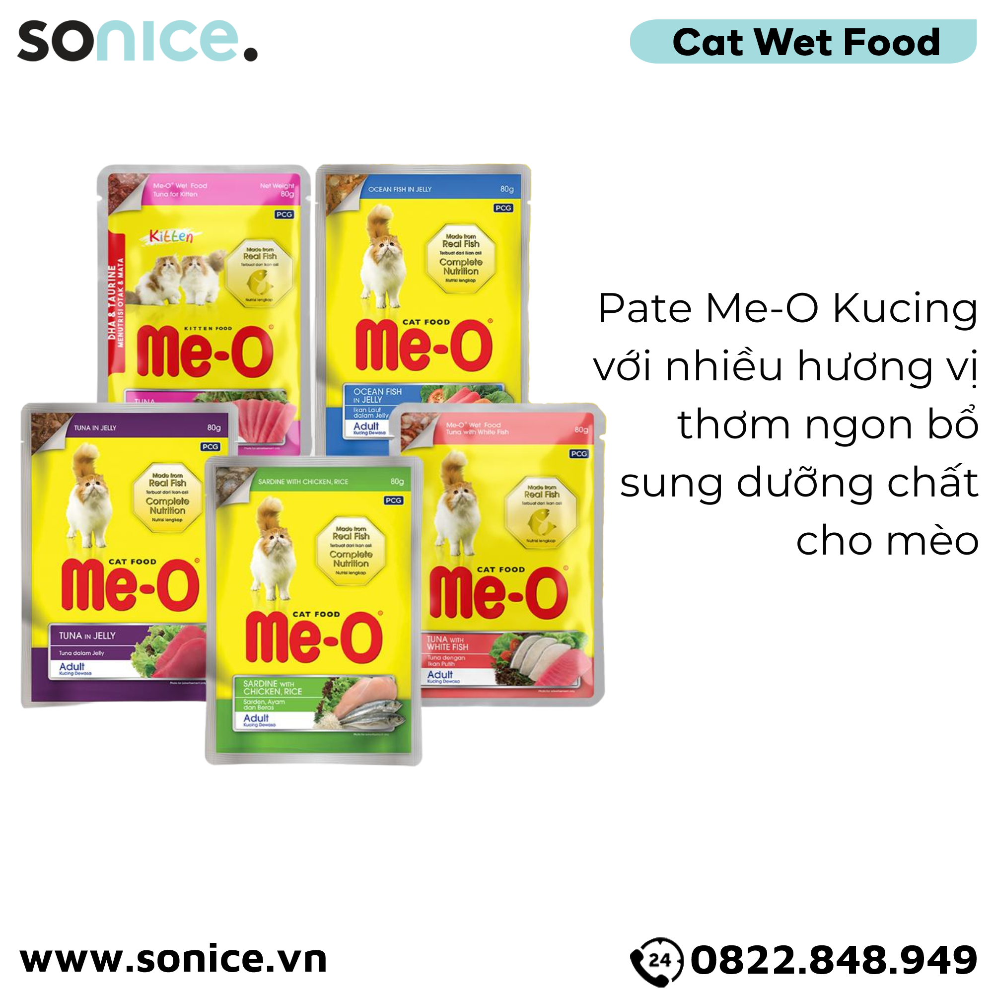 Combo Pate Me-o Kucing Mix vị Tuna, Ocean Fish, Sardine, White Fish, Chicken 80g - 24 gói SONICE.