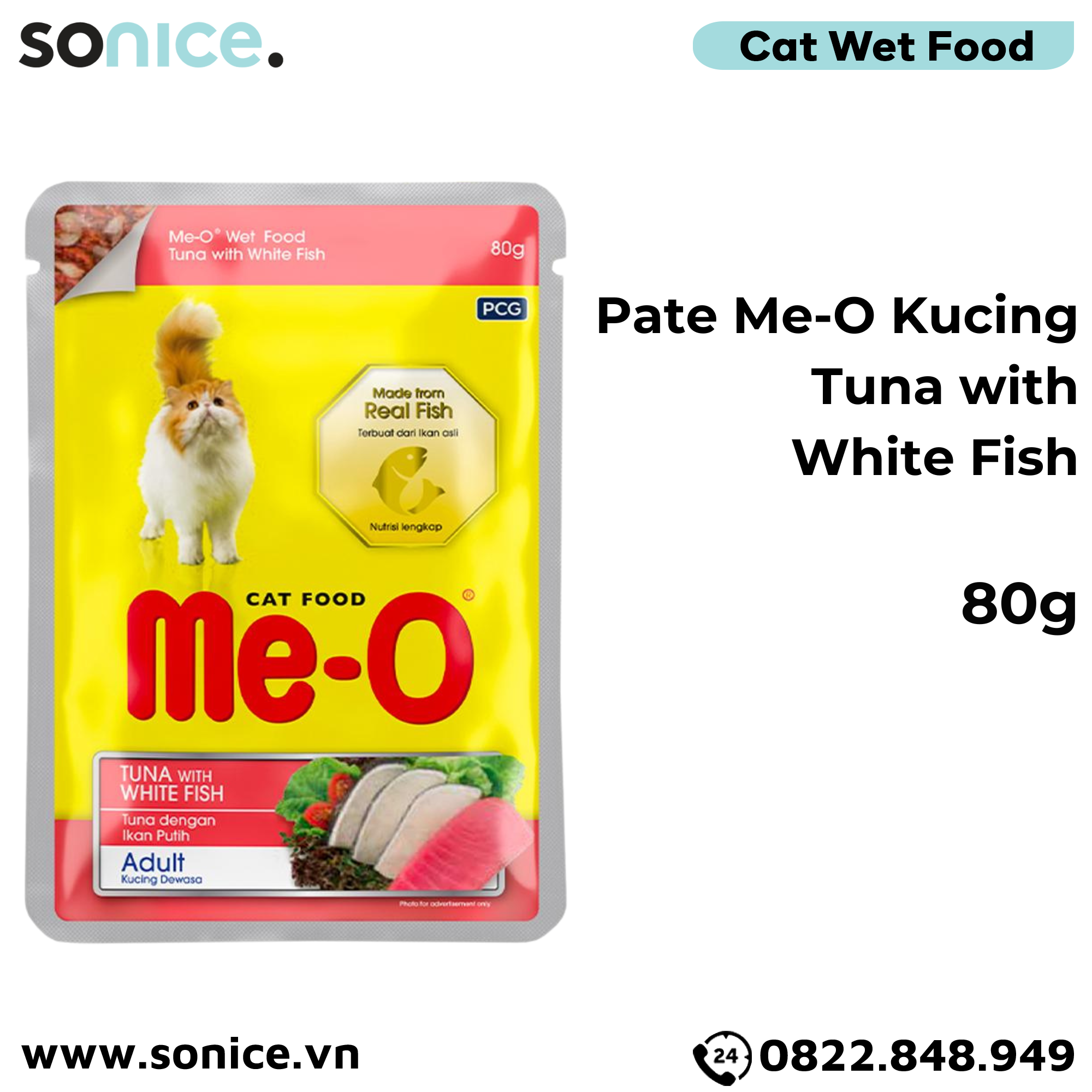 Combo Pate Me-o Kucing Mix vị Tuna, Ocean Fish, Sardine, White Fish, Chicken 80g - 24 gói SONICE.