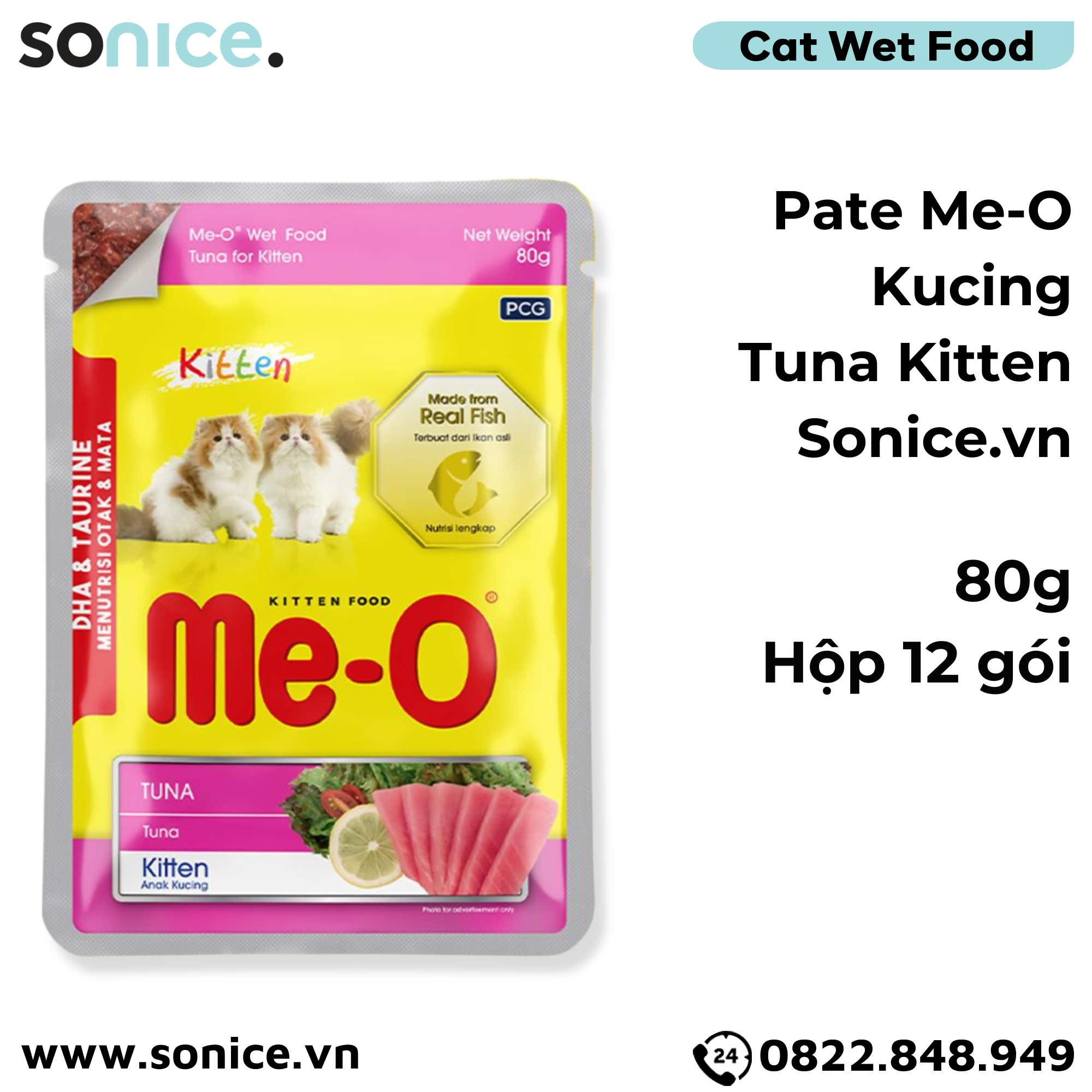 Pate mèo Me-o Kucing Kitten Tuna 80g - hộp 12 gói SONICE.