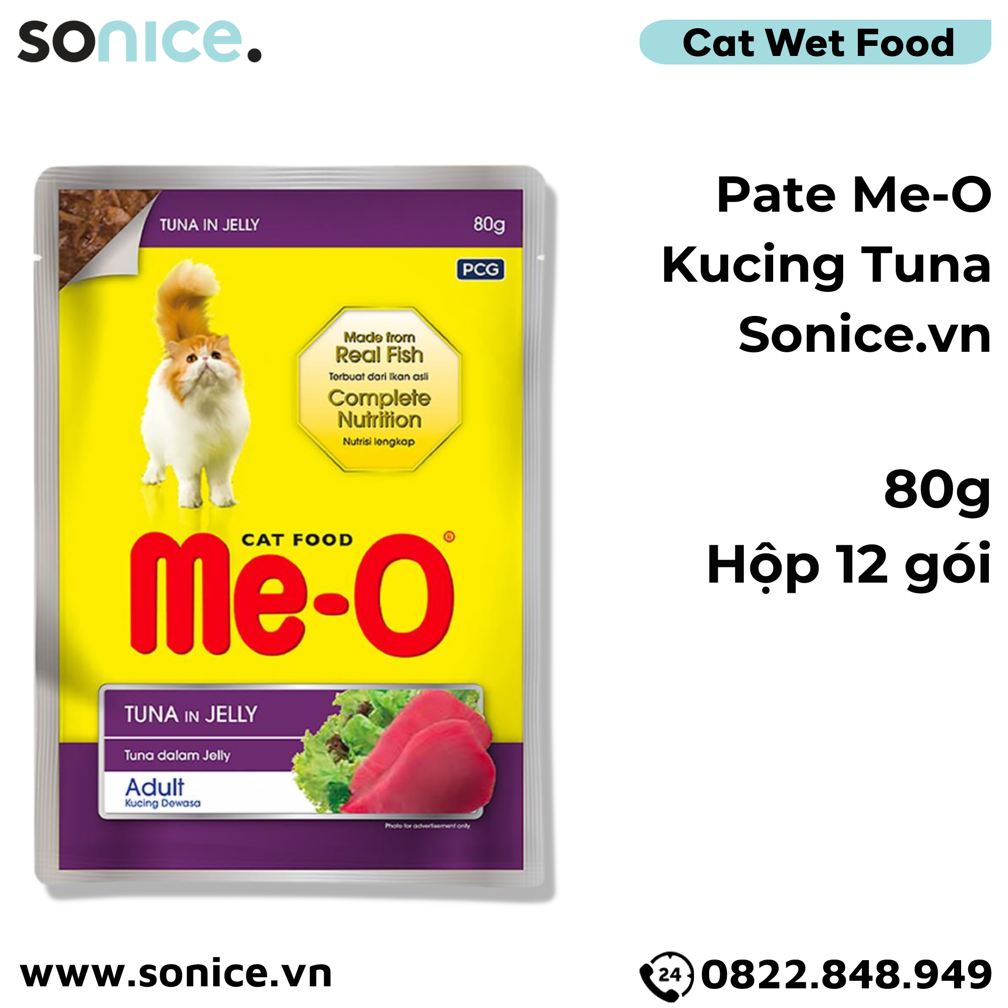 Pate mèo Me-o Kucing Tuna in Jelly 80g - hộp 12 gói SONICE.