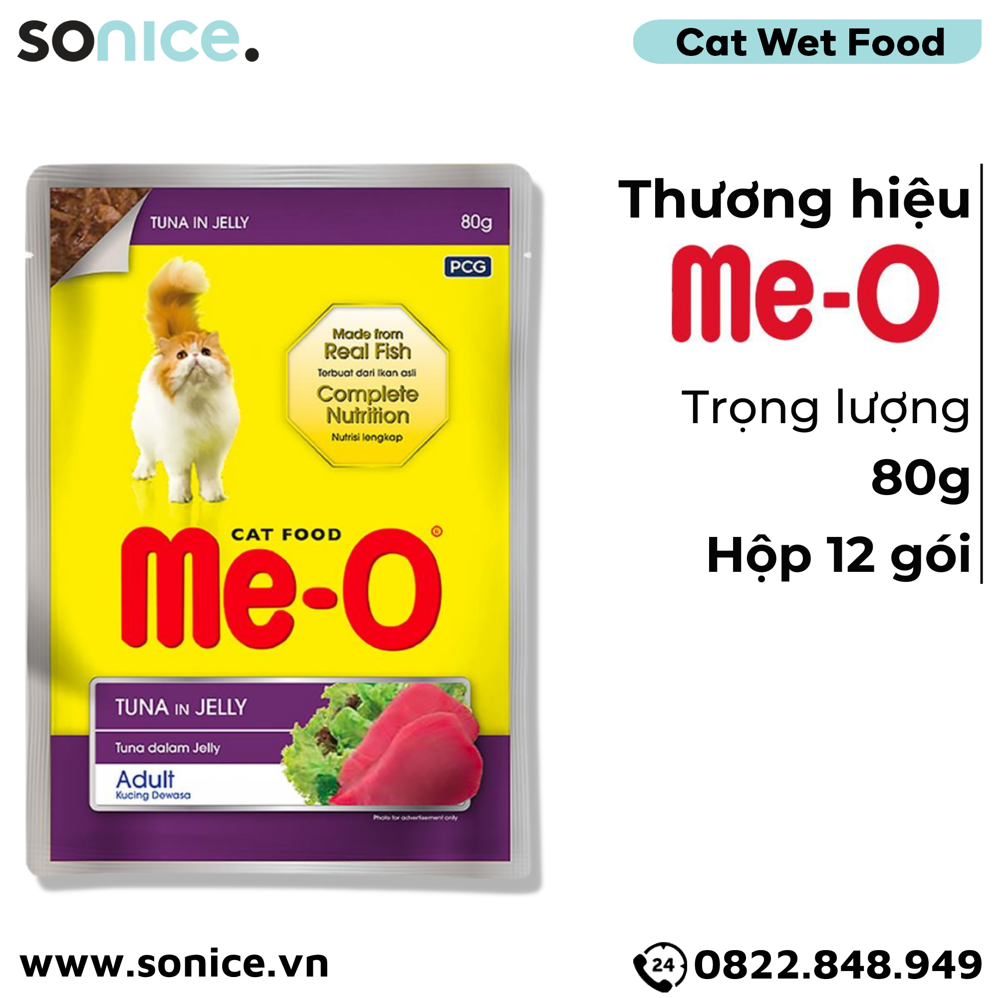 Pate mèo Me-o Kucing Tuna in Jelly 80g - hộp 12 gói SONICE.