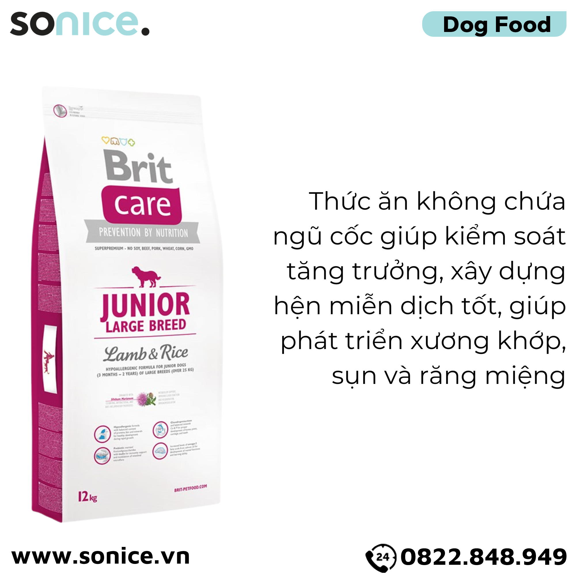 Thức ăn chó Brit Care Prevention by Nutrition Large Puppy Lamb & Rice Hypoallergenic 12kg - Hỗ trợ dị ứng, vị Cừu và Gạo SONICE.