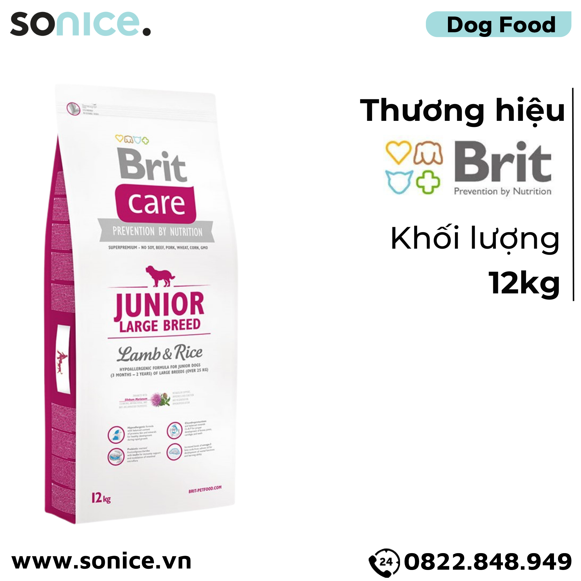 Thức ăn chó Brit Care Prevention by Nutrition Large Puppy Lamb & Rice Hypoallergenic 12kg - Hỗ trợ dị ứng, vị Cừu và Gạo SONICE.
