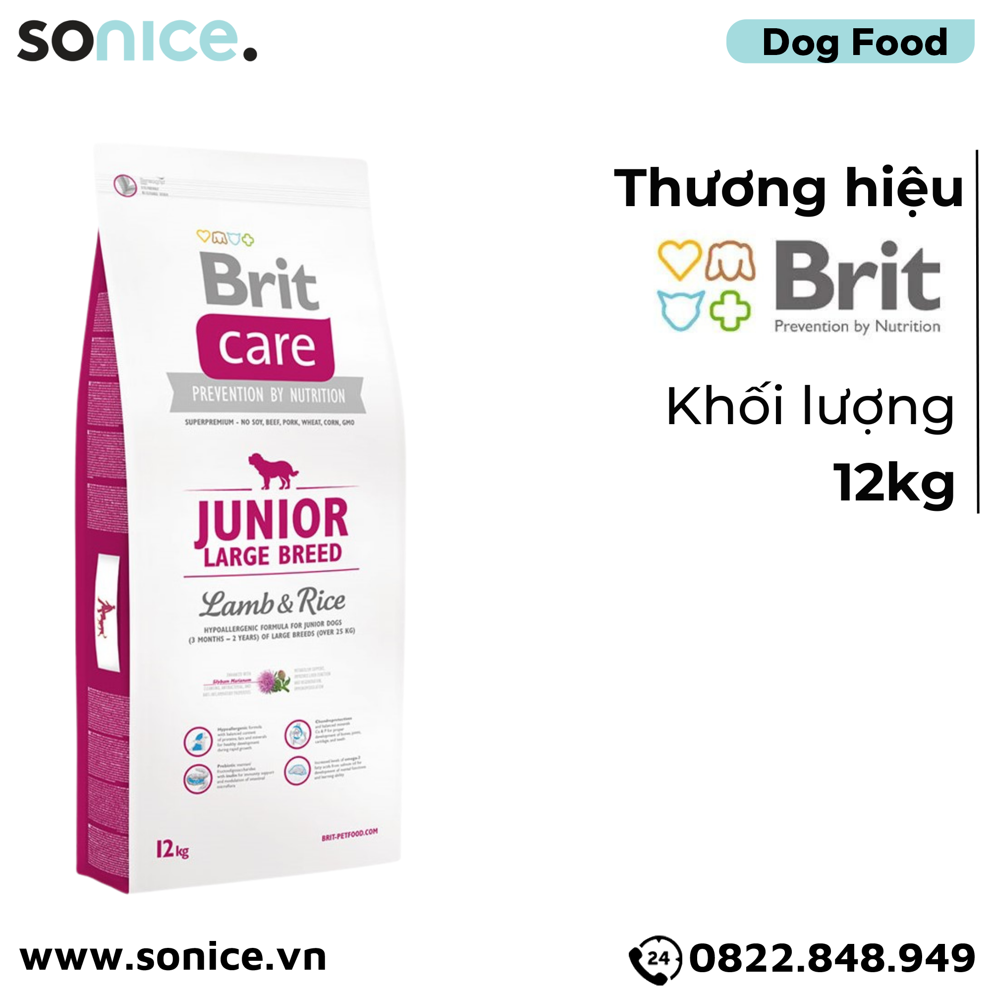  Thức ăn chó Brit Care Prevention by Nutrition Large Puppy Lamb & Rice Hypoallergenic 12kg - Hỗ trợ dị ứng, vị Cừu và Gạo SONICE. 