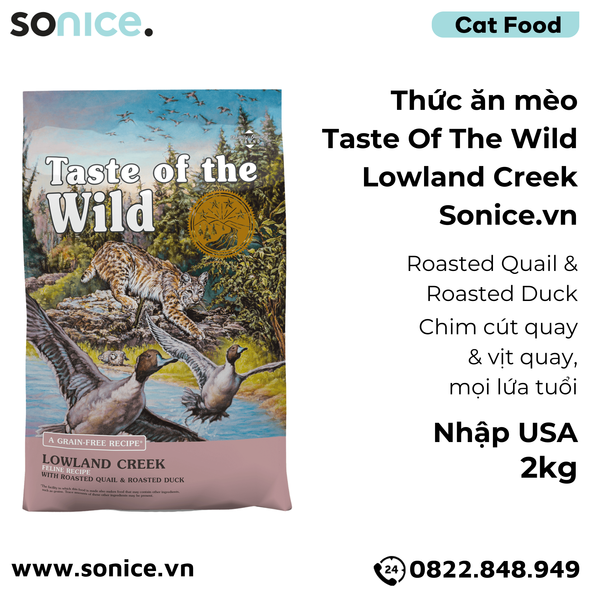Thức ăn mèo Taste Of The Wild Lowland Creek 2kg - Roasted Quail & Roasted Duck, Chim cút quay & vịt quay, mọi lứa tuổi - nhập USA SONICE.