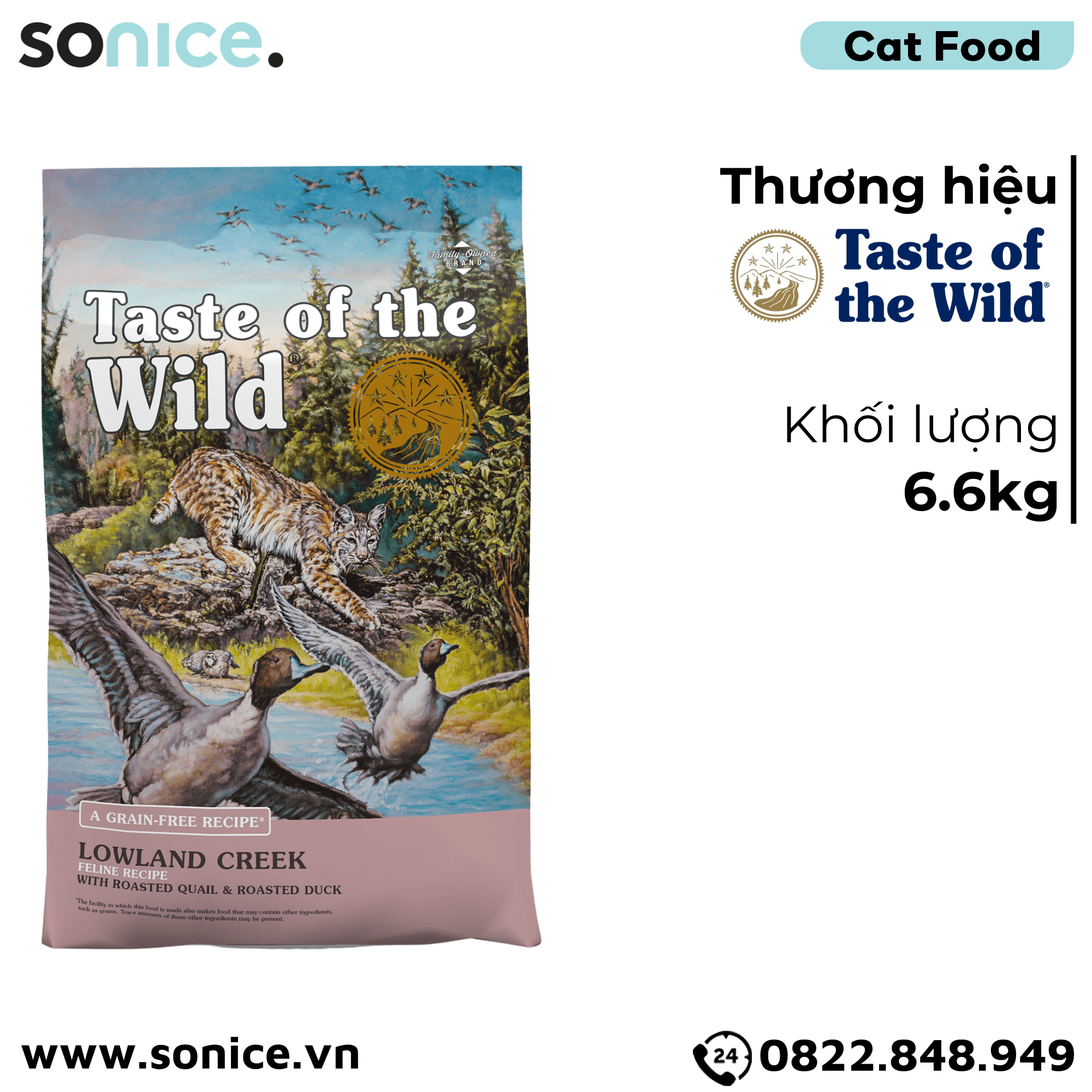 Thức ăn mèo Taste Of The Wild Lowland Creek 6.6kg - Roasted Quail & Roasted Duck, Chim cút quay & vịt quay, mọi lứa tuổi - nhập USA SONICE.
