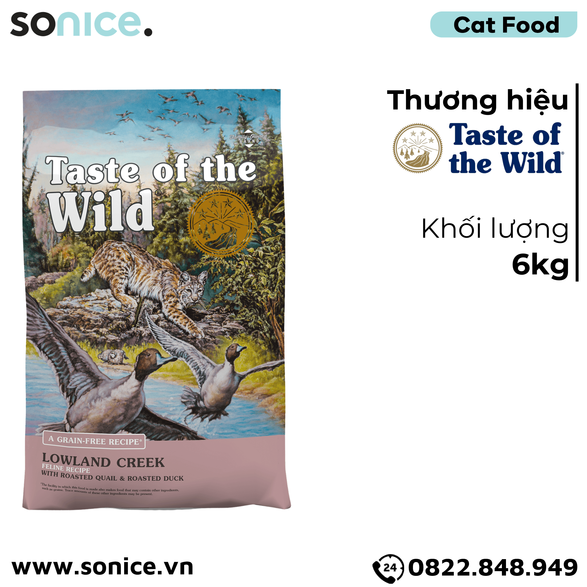 Thức ăn mèo Taste Of The Wild Lowland Creek 6kg - Roasted Quail & Roasted Duck, Chim cút quay & vịt quay, mọi lứa tuổi - nhập USA SONICE.