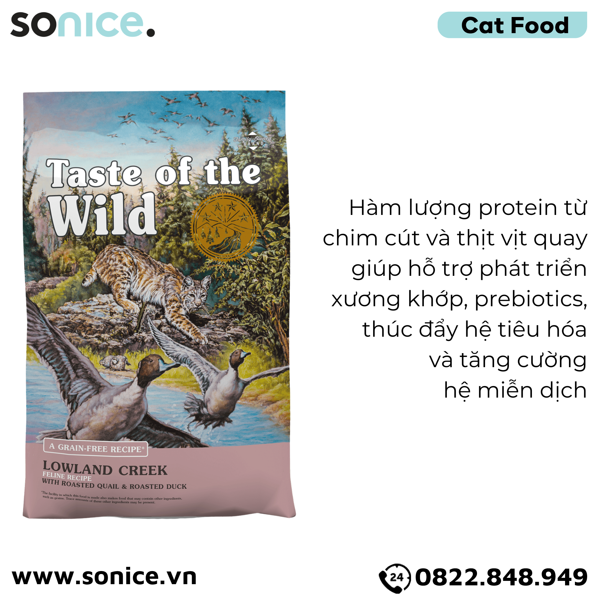 Thức ăn mèo Taste Of The Wild Lowland Creek 2kg - Roasted Quail & Roasted Duck, Chim cút quay & vịt quay, mọi lứa tuổi - nhập USA SONICE.