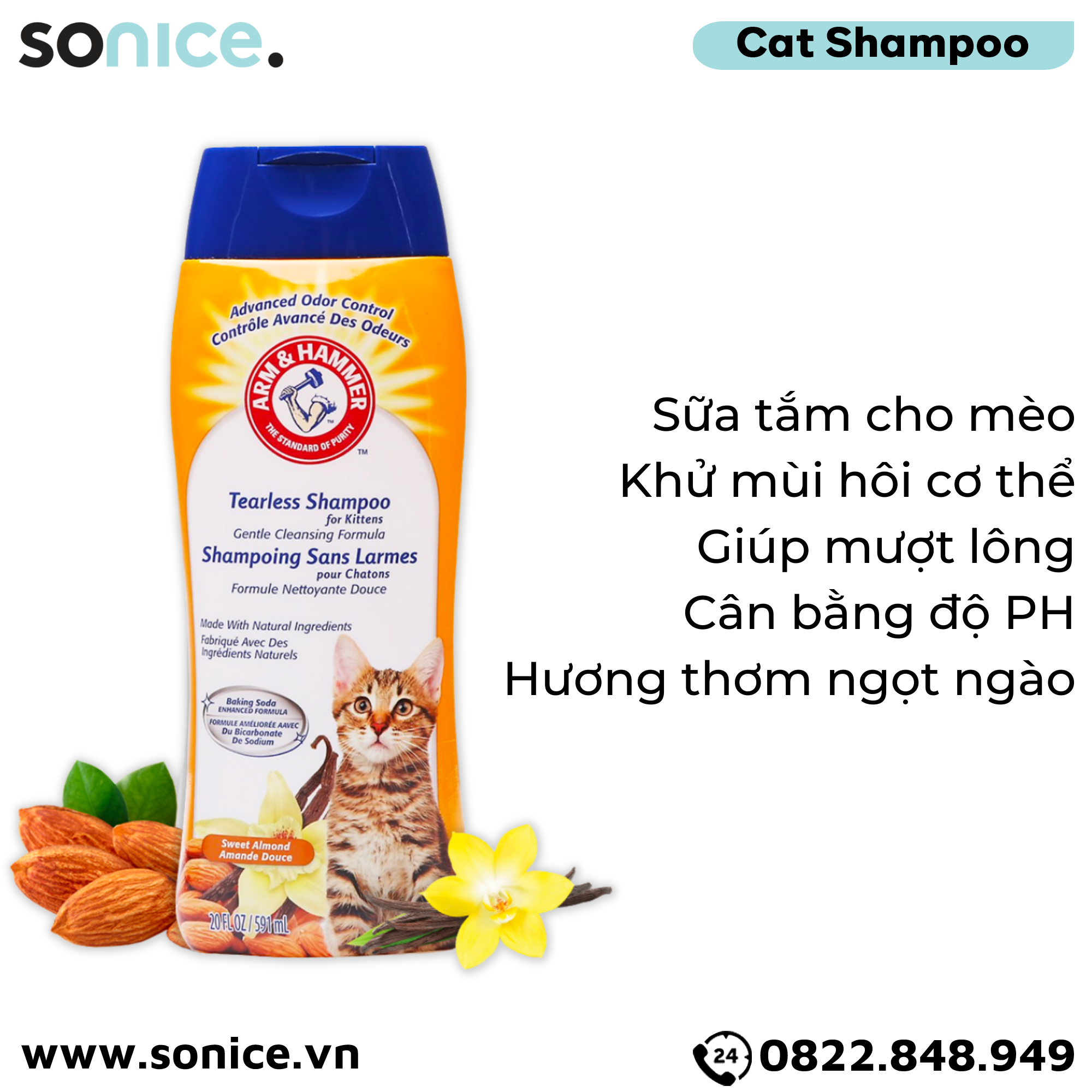 Sữa tắm ARM & HAMMER Tearless Shampoo Sweet Almond for Kittens 591ml - Hương vani và hạnh nhân ngọt ngào SONICE.