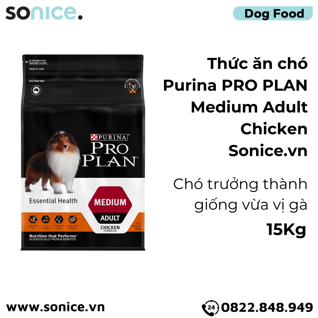 Thức ăn chó Purina PRO PLAN Medium Adult Chicken 15kg - chó trưởng thành giống vừa vị gà SONICE.