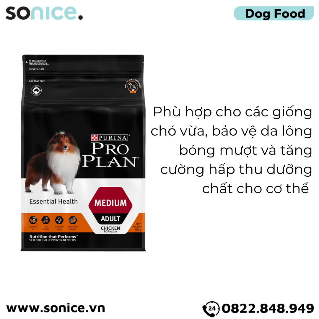 Thức ăn chó Purina PRO PLAN Medium Adult Chicken 15kg - chó trưởng thành giống vừa vị gà SONICE.
