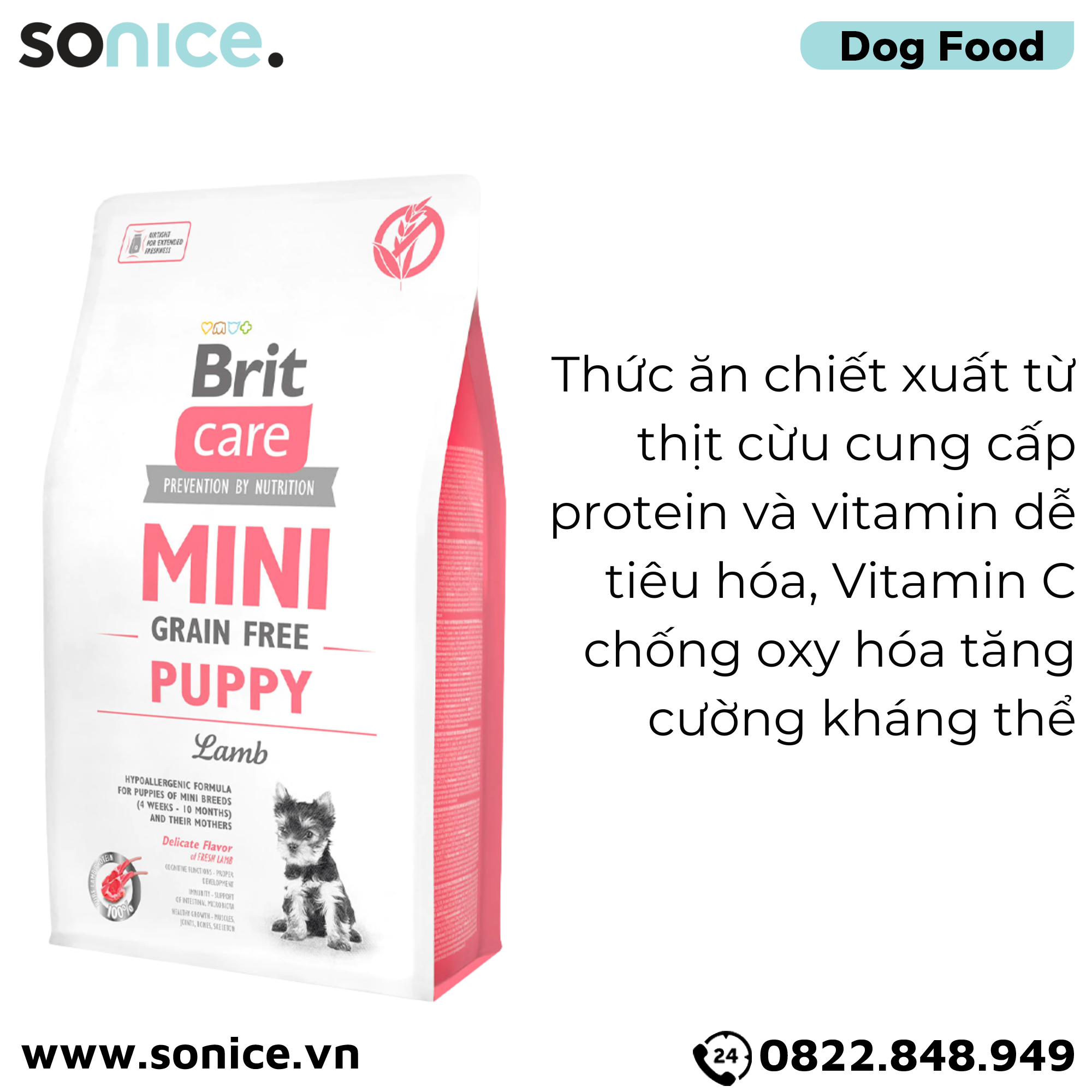 Thức ăn chó Brit Care Prevention by Nutrition Grain-Free Mini Puppy Lamb 2kg - Dành cho chó con giống nhỏ vị Cừu SONICE.