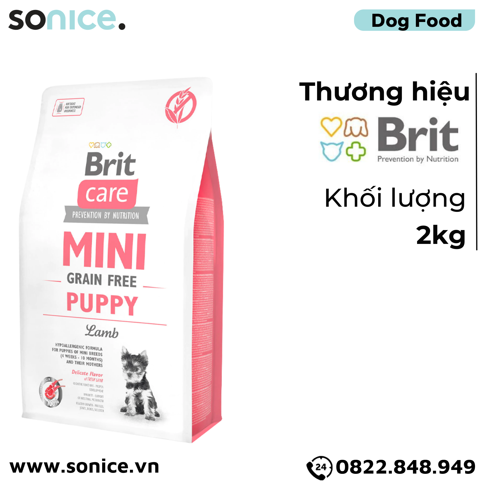 Thức ăn chó Brit Care Prevention by Nutrition Grain-Free Mini Puppy Lamb 2kg - Dành cho chó con giống nhỏ vị Cừu SONICE.