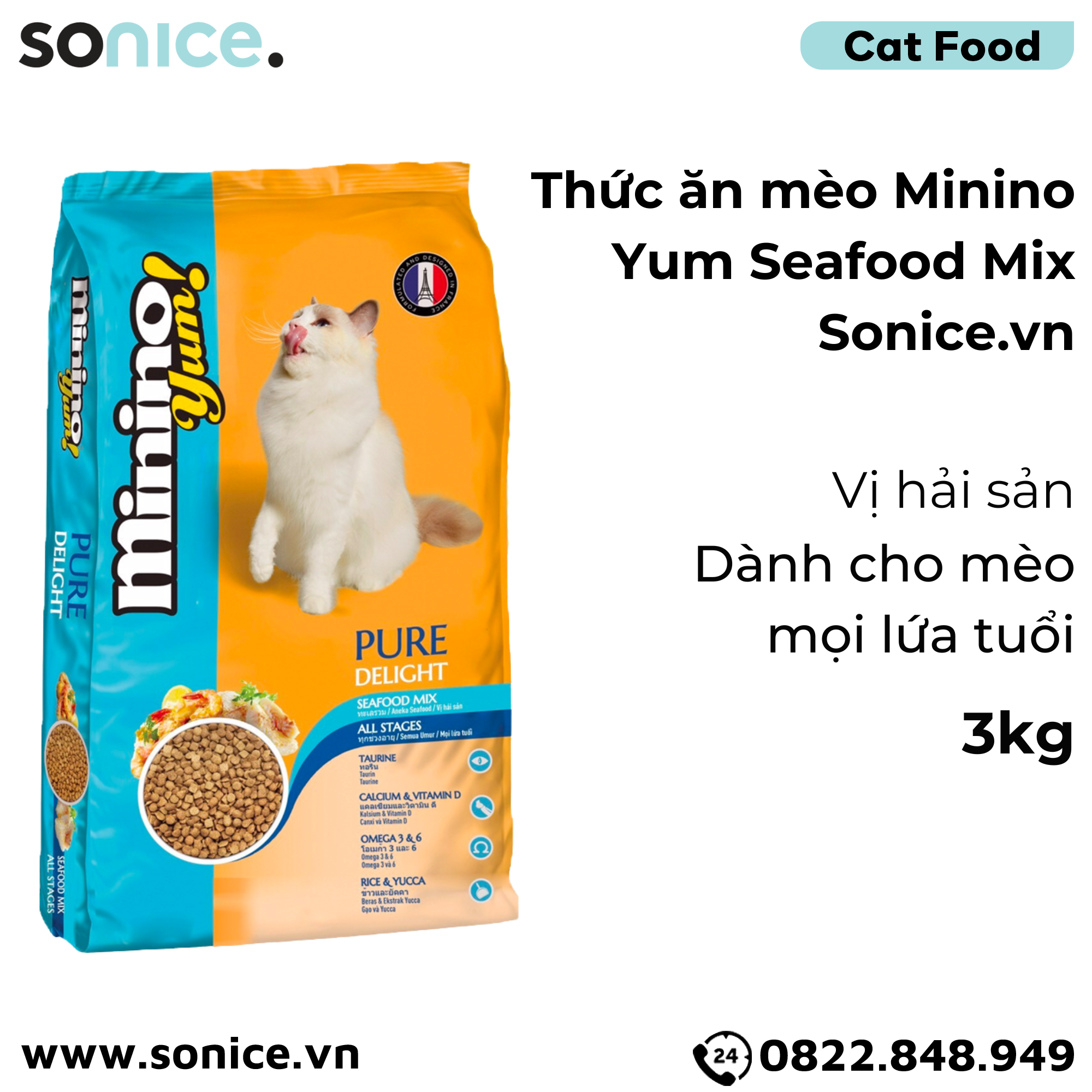 Thức ăn mèo Minino Yum Seafood Mix 3kg - Bổ sung Taurine và Omega 3 & 6 dưỡng da lông SONICE.