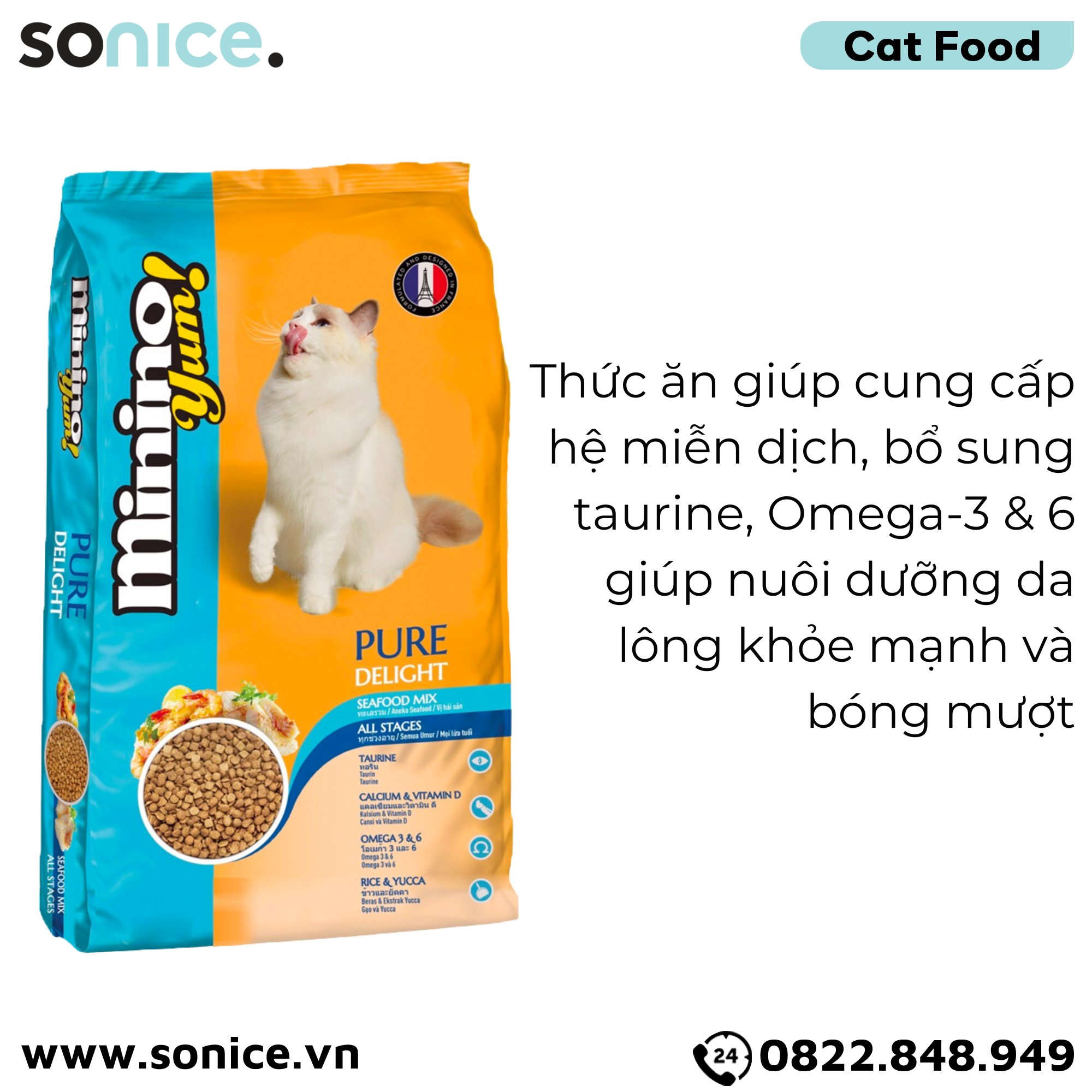 Thức ăn mèo Minino Yum Seafood Mix 3kg - Bổ sung Taurine và Omega 3 & 6 dưỡng da lông SONICE.