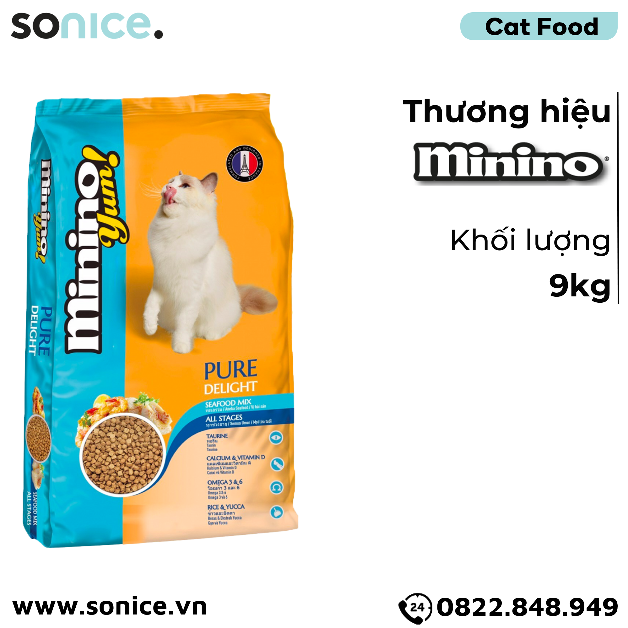 Thức ăn mèo Minino Yum Seafood Mix 9kg - Bổ sung Taurine và Omega 3 & 6 dưỡng da lông SONICE.