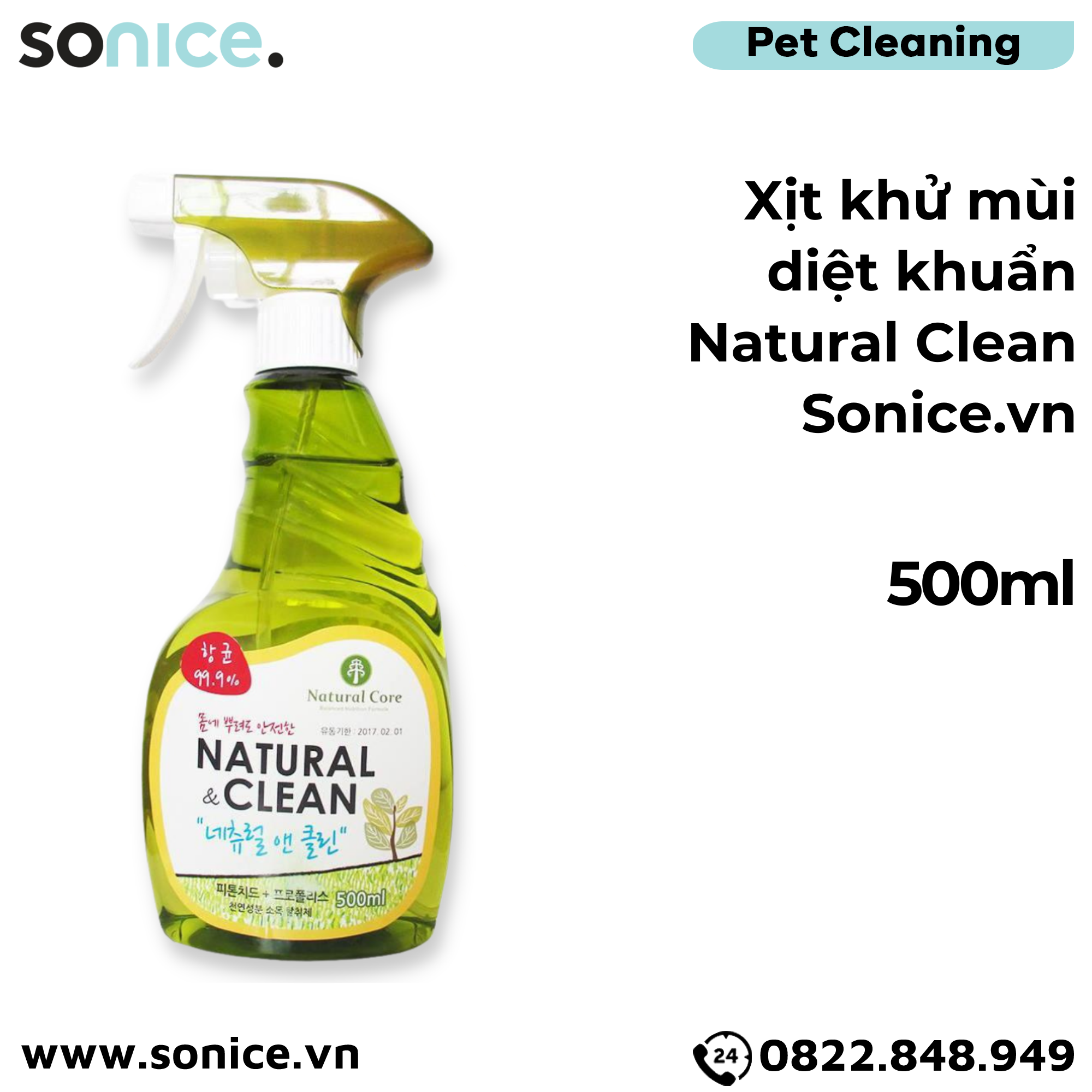 Xịt khử mùi diệt khuẩn Natural Clean 500ml SONICE.