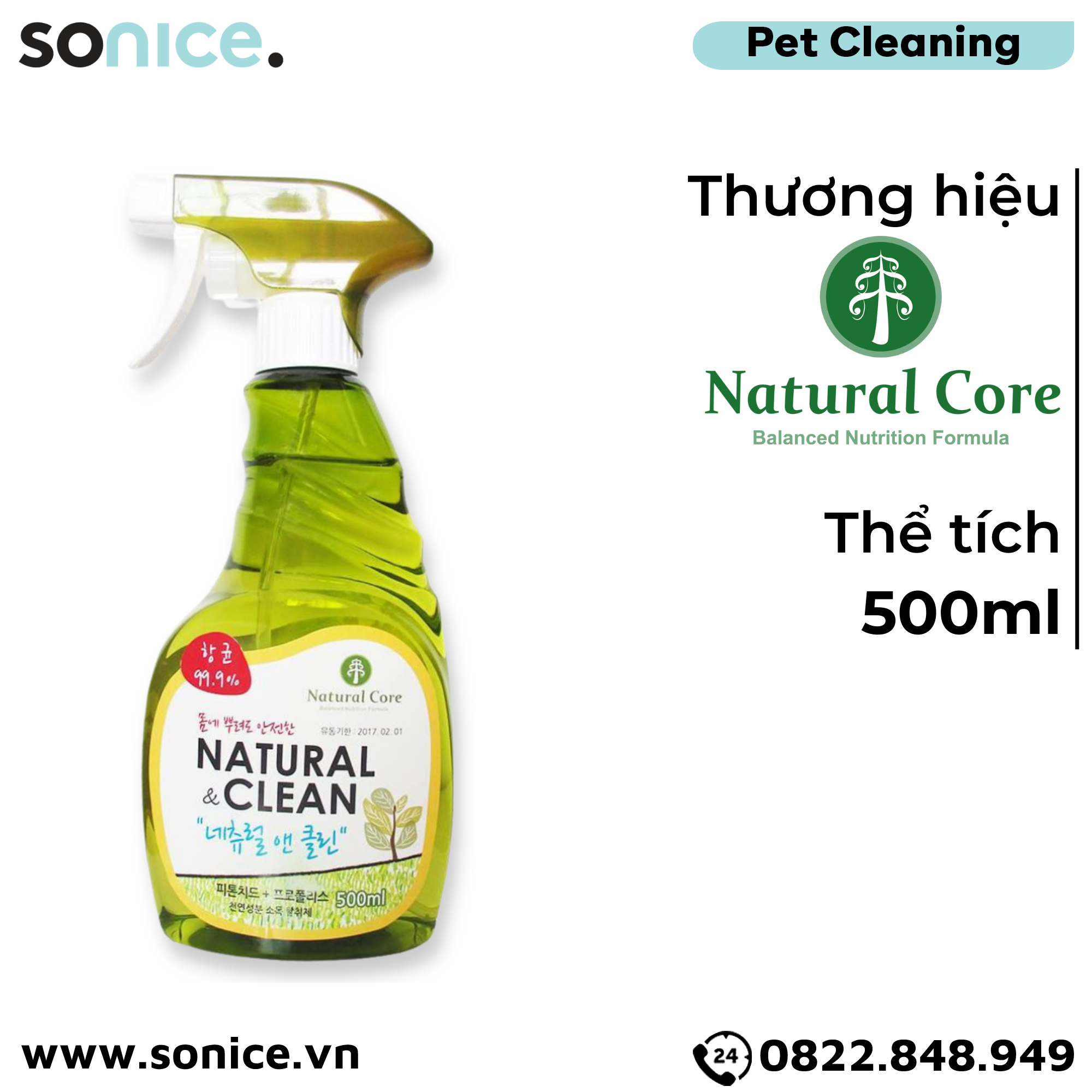 Xịt khử mùi diệt khuẩn Natural Clean 500ml SONICE.