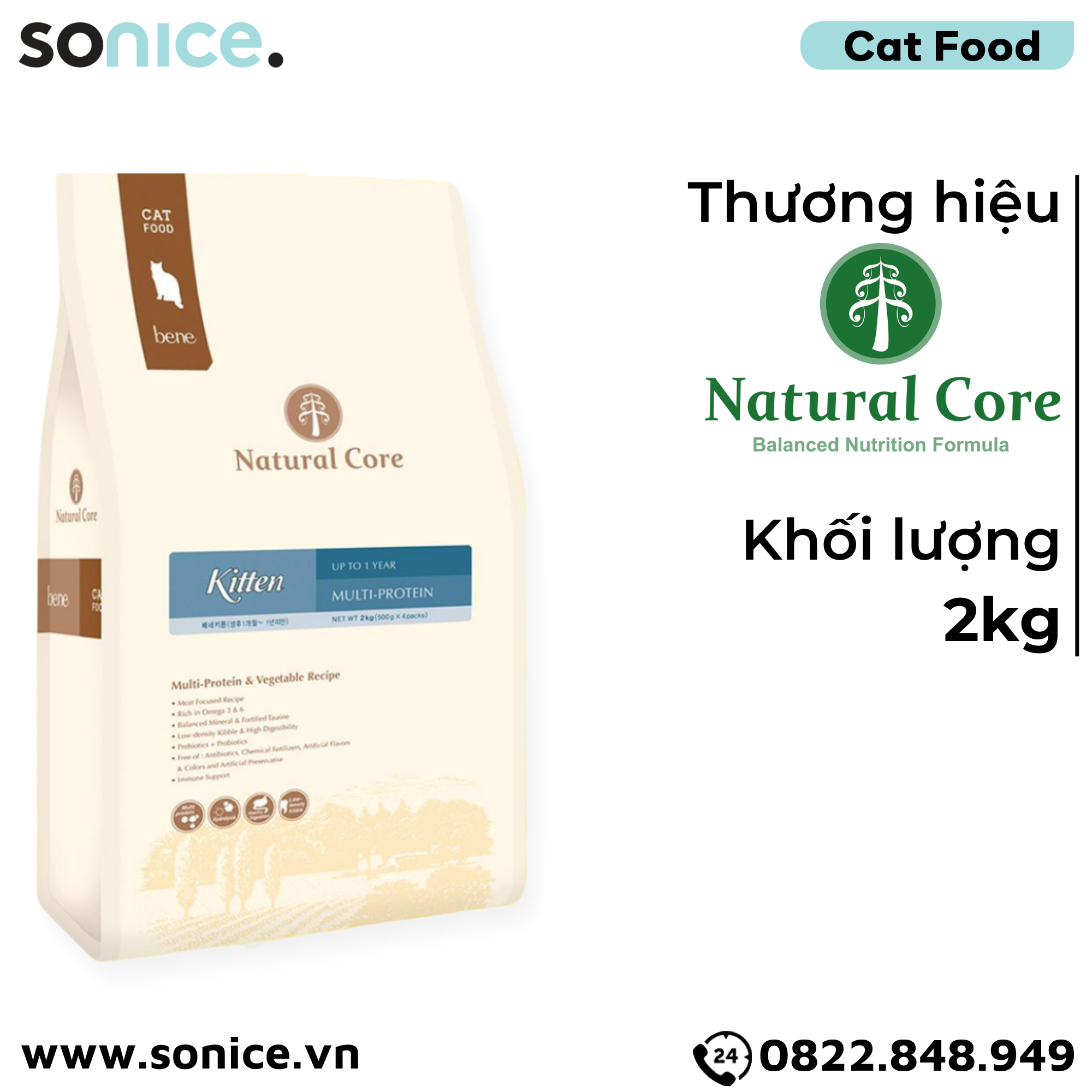  Thức ăn mèo con Natural Core Multi Protein & Vegetable Kitten 2kg - Thịt gà, cá hồi, rau củ SONICE. 