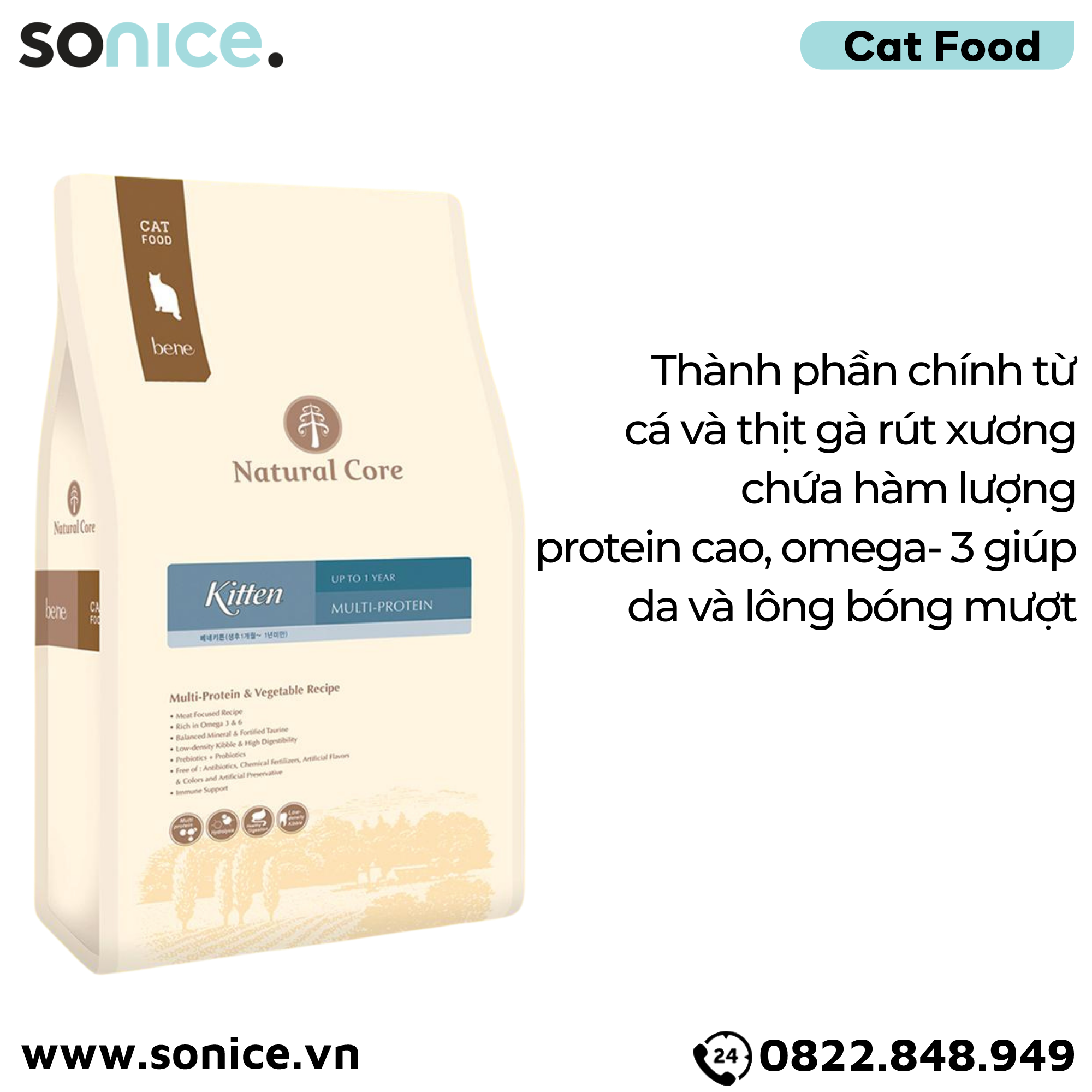  Thức ăn mèo con Natural Core Multi Protein & Vegetable Kitten 5kg - Thịt gà, cá hồi, rau củ SONICE. 