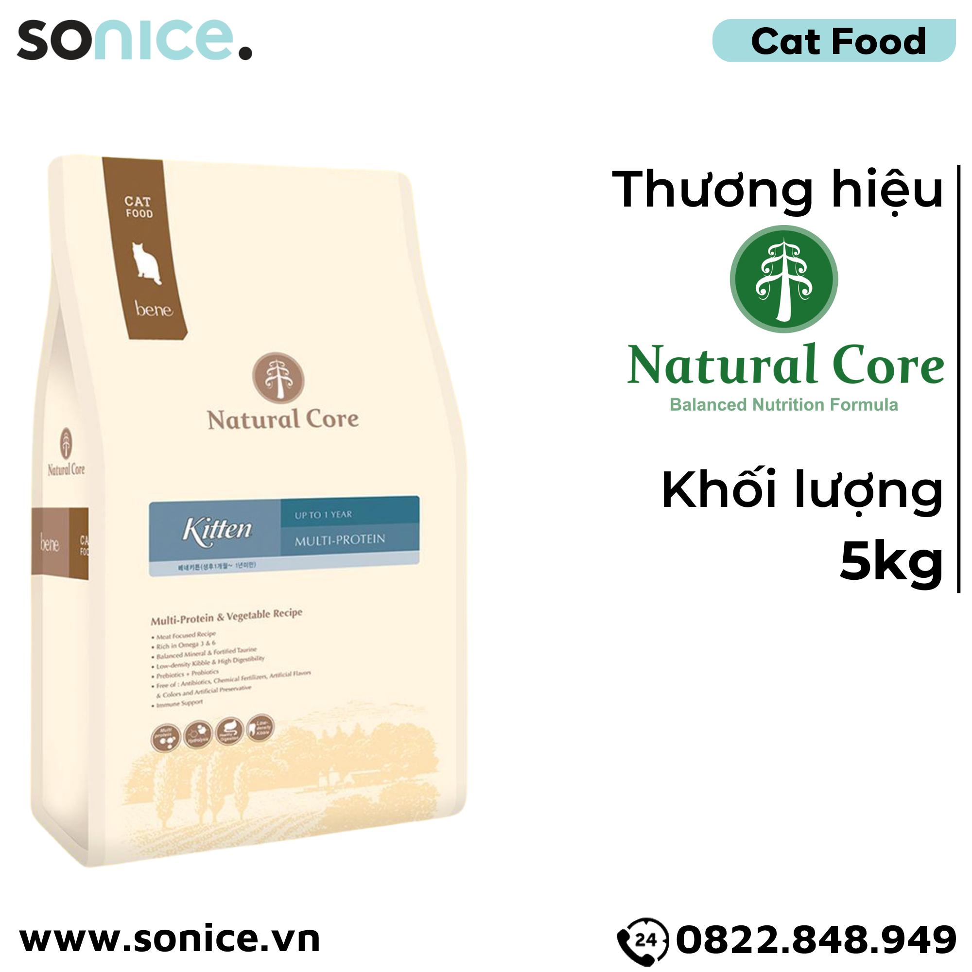 Thức ăn mèo con Natural Core Multi Protein & Vegetable Kitten 5kg - Thịt gà, cá hồi, rau củ SONICE.