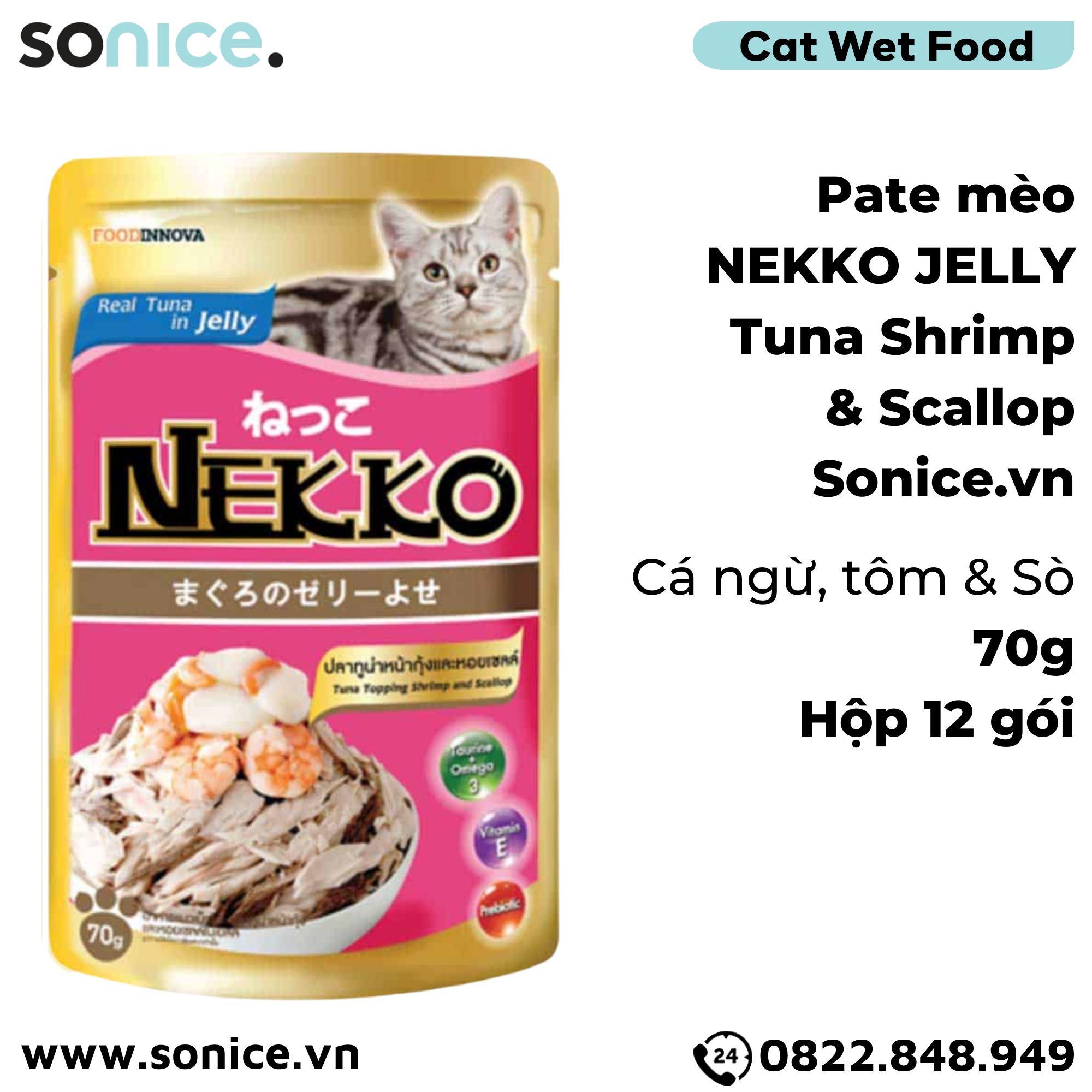 Pate mèo NEKKO Cá Ngừ & Shrimp 70g - 1 hộp 12 gói SONICE.