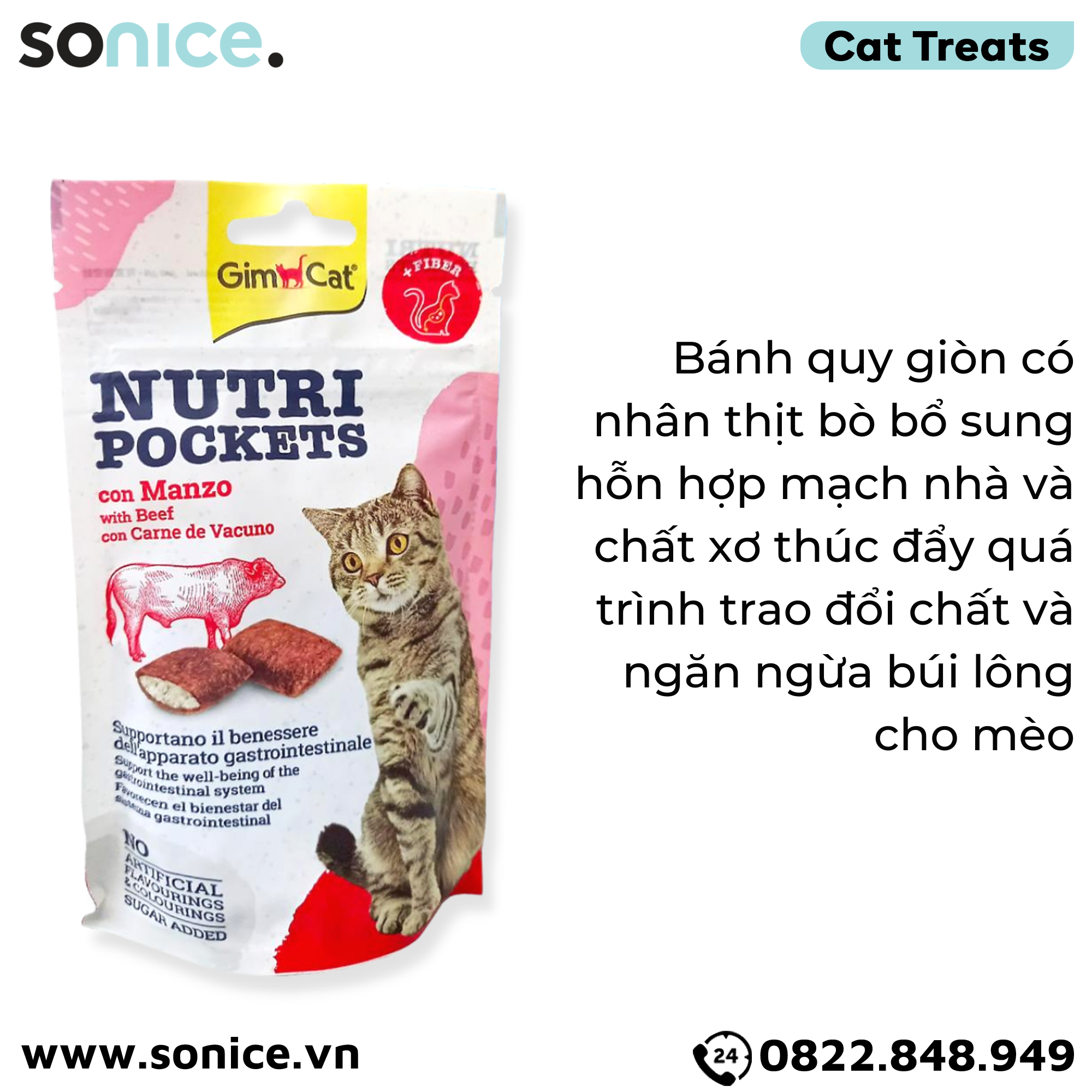 Treats Gimcat Nutri Pockets Beef 60g - Hỗ trợ tiêu hoá, ngăn ngừa búi lông SONICE.