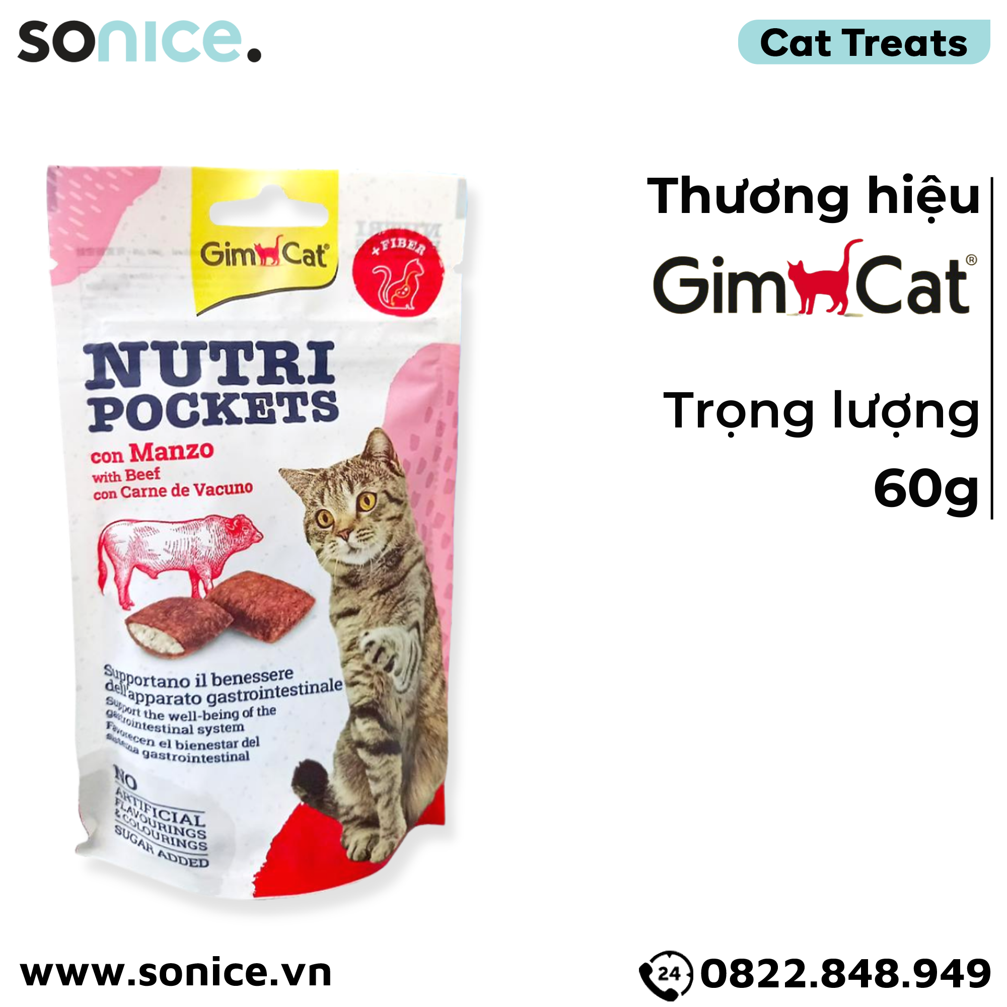 Treats Gimcat Nutri Pockets Beef 60g - Hỗ trợ tiêu hoá, ngăn ngừa búi lông SONICE.