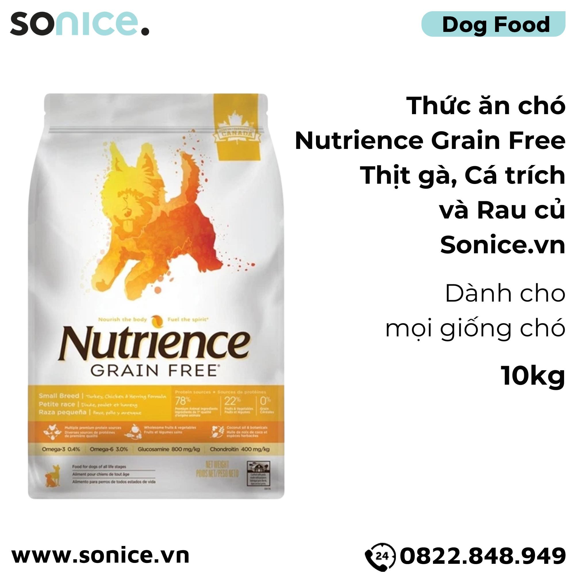 Thức ăn chó Nutrience Grain Free Thịt gà cá trích rau củ 10kg SONICE.