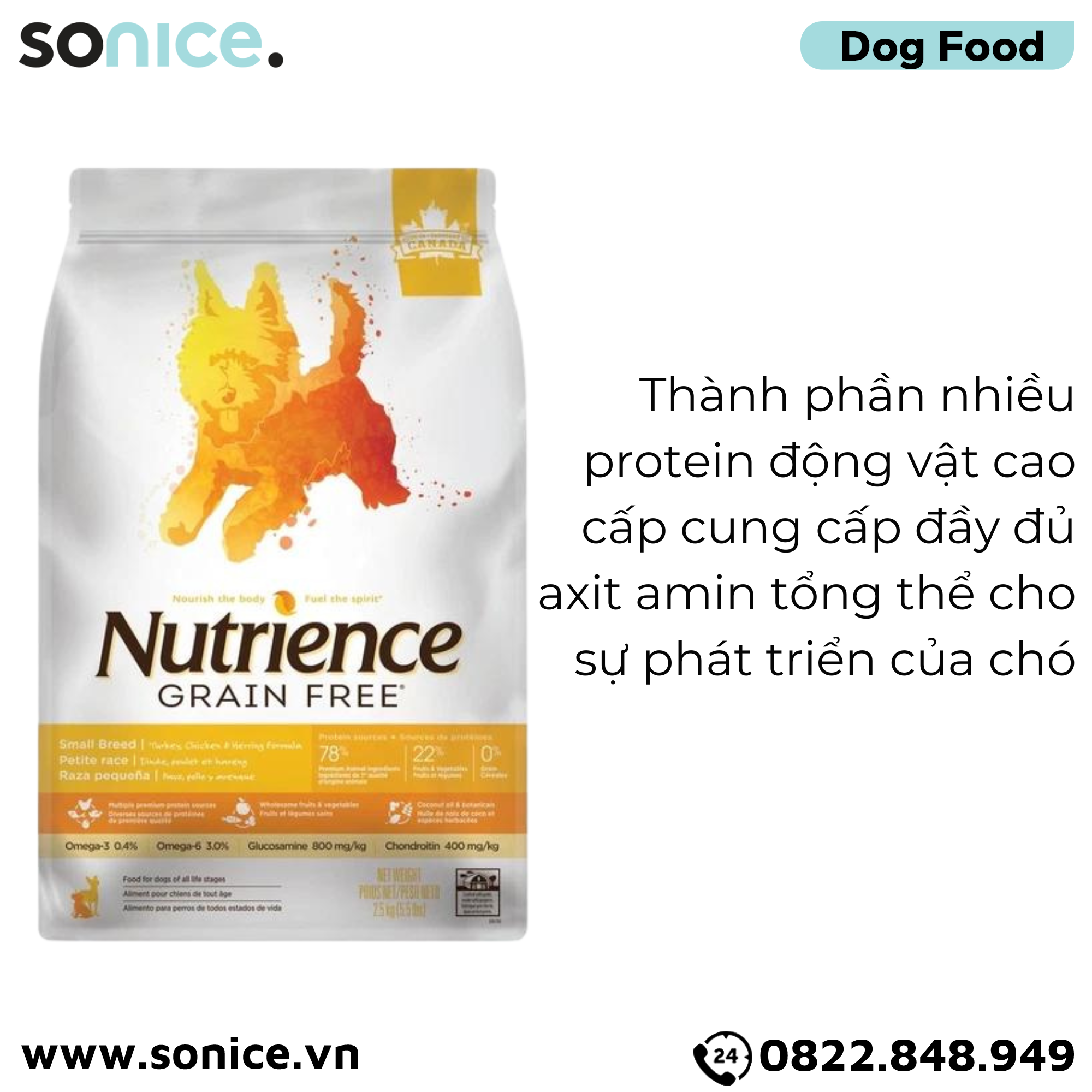 Thức ăn chó Nutrience Grain Free Thịt gà cá trích rau củ 2.5kg SONICE.