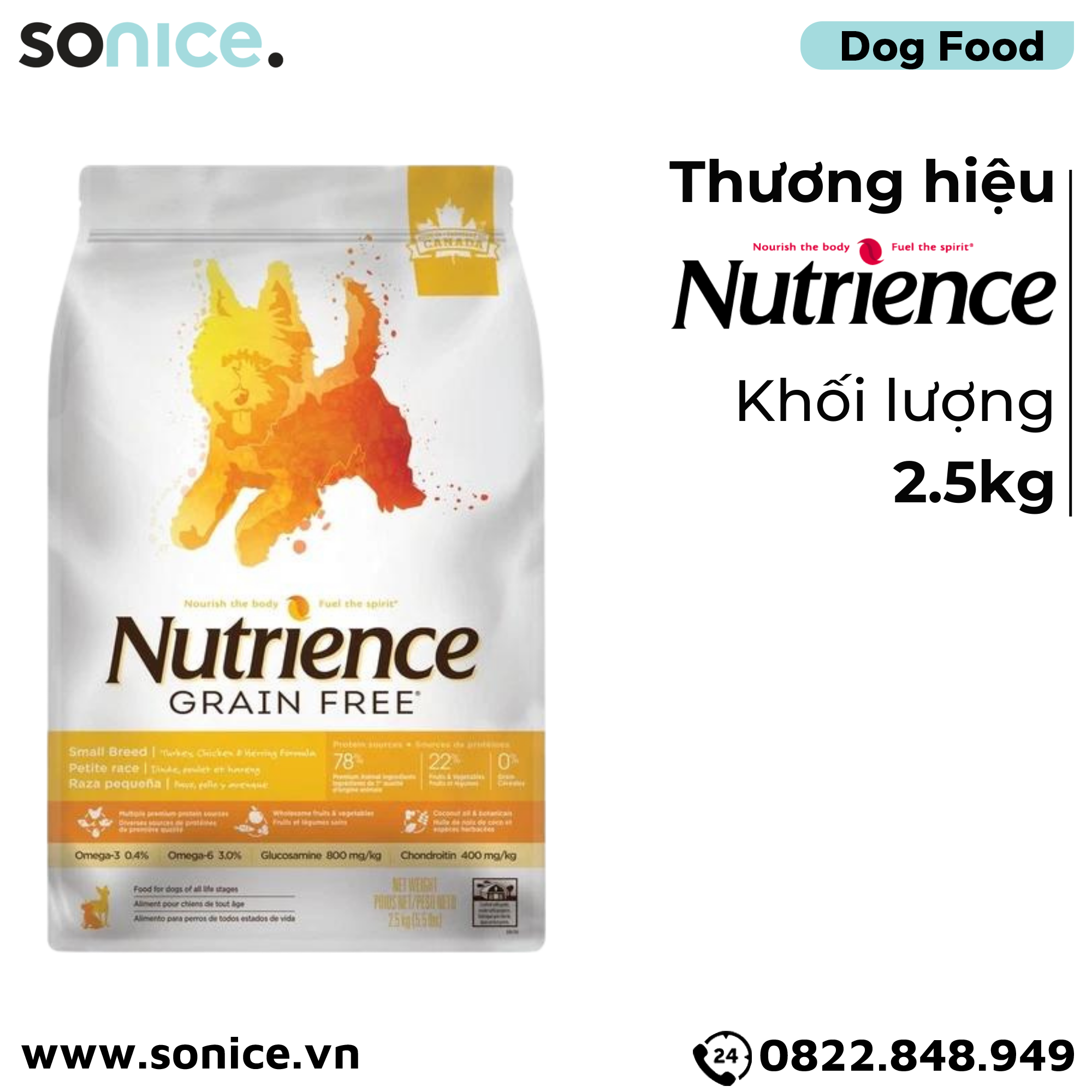 Thức ăn chó Nutrience Grain Free Thịt gà cá trích rau củ 2.5kg SONICE.
