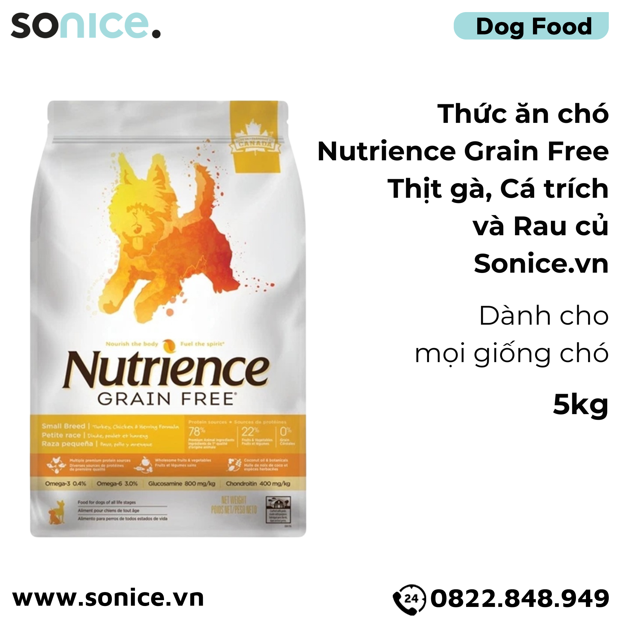 Thức ăn chó Nutrience Grain Free Thịt gà cá trích rau củ 5kg SONICE.