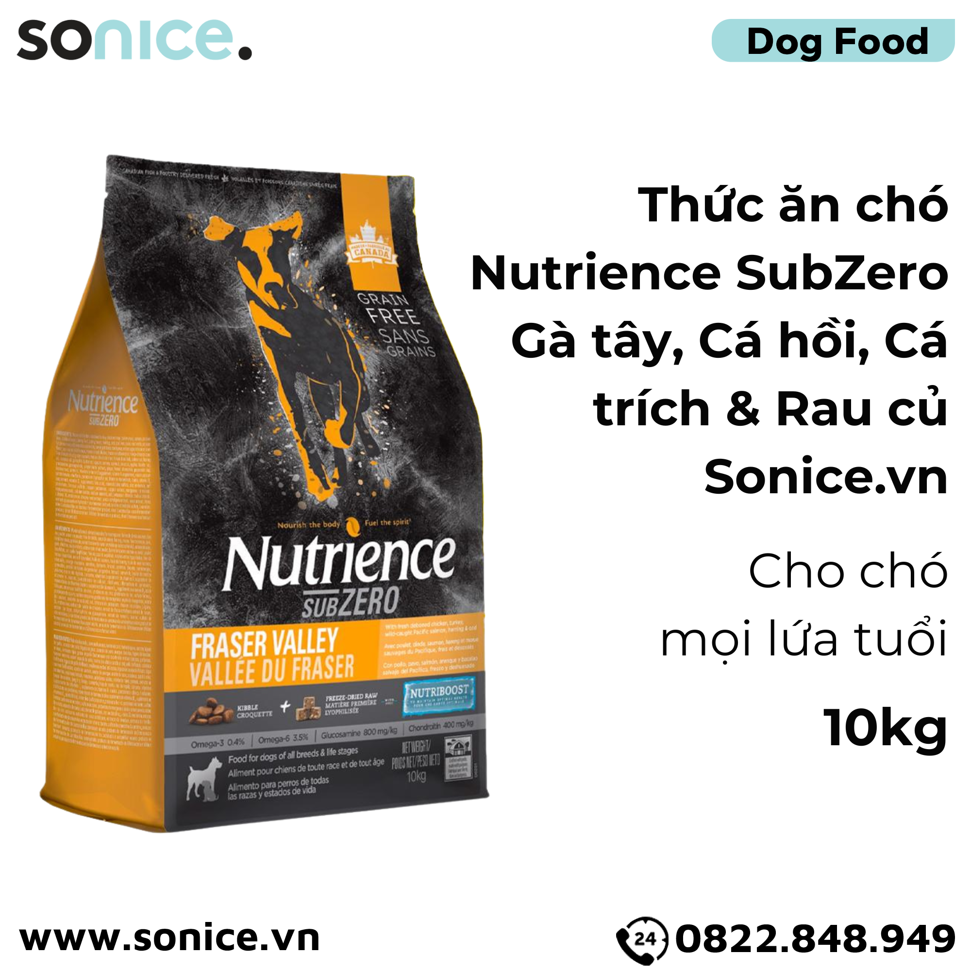 Thức ăn chó Nutrience SubZero Gà tây, Cá hồi, Cá trích & Rau củ 10kg - Cho chó mọi lứa tuổi SONICE.