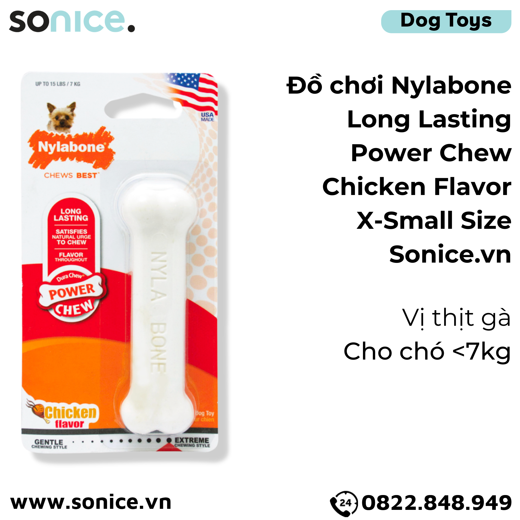 Đồ chơi Nylabone Long Lasting Power Chew Chicken Flavor Toys X-Small Size - Vị thịt gà, cho chó < 7kg SONICE.