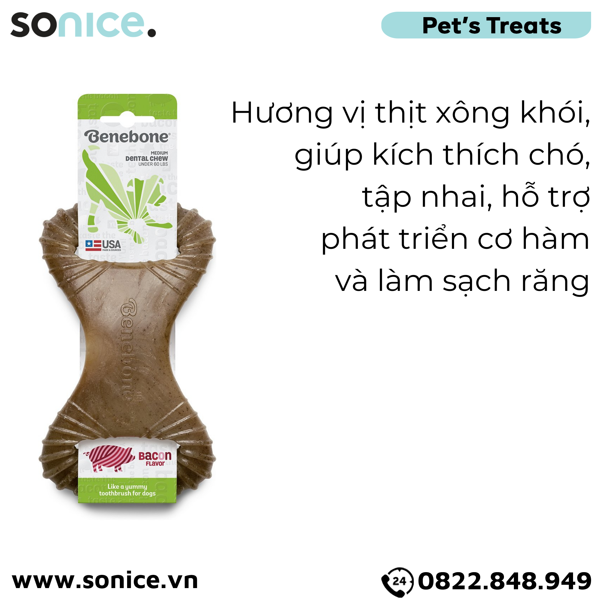 Xương gặm BENEBONE Dental Chew Bacon Medium Size cho chó >20kg - vị thịt xông khói SONICE.