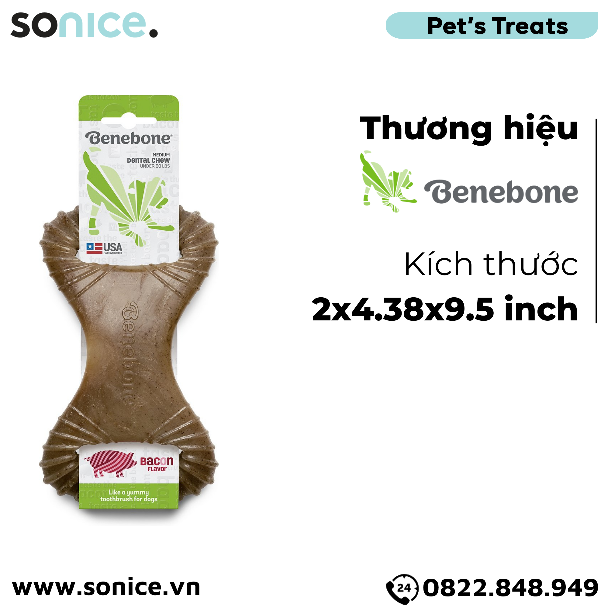 Xương gặm BENEBONE Dental Chew Bacon Medium Size cho chó >20kg - vị thịt xông khói SONICE.
