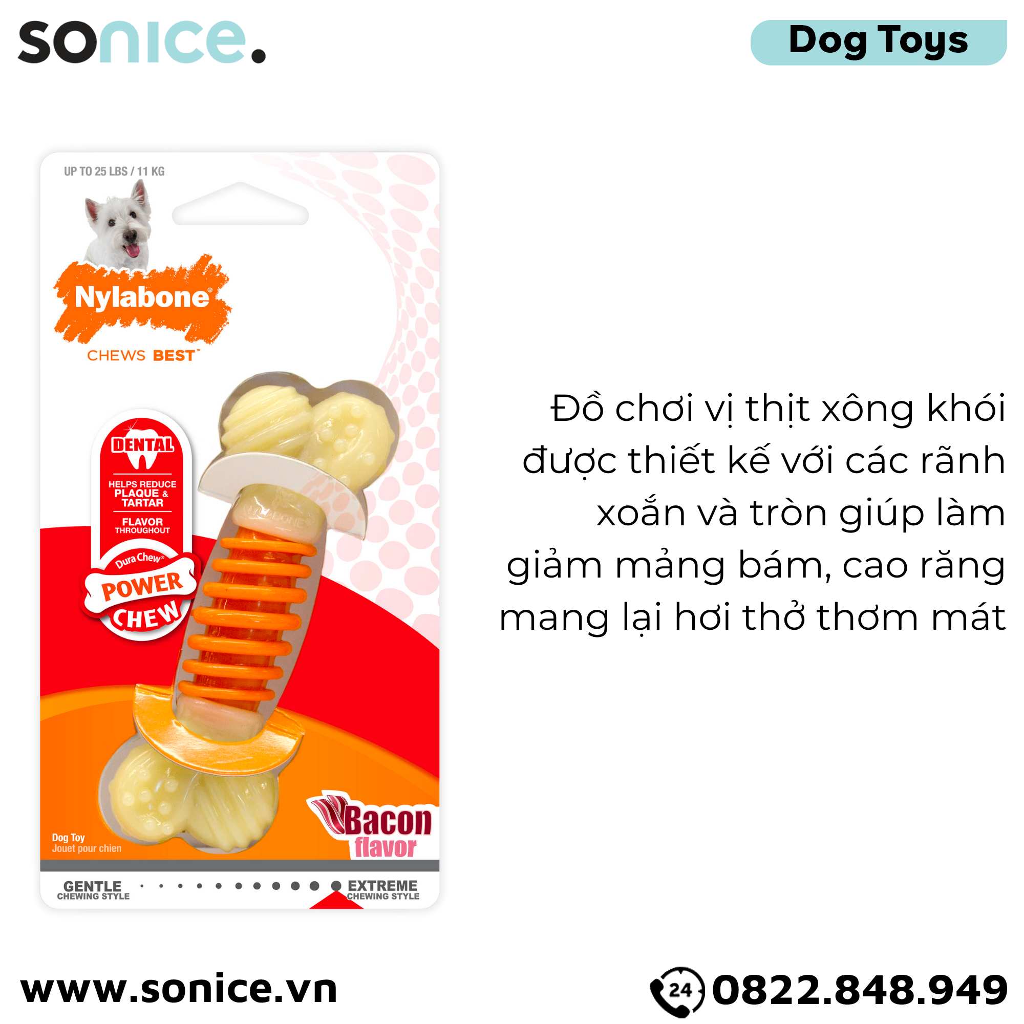 Đồ chơi Nylabone Dental Chews Plaque & Tartar Bacon Flavor Toys Small Size - Vị thịt xông khói, cho chó < 11kg SONICE.