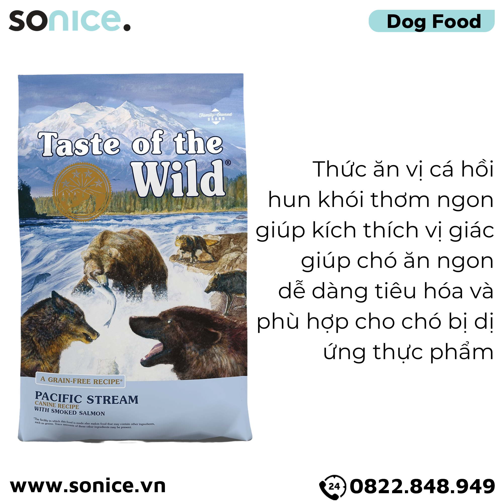 Thức ăn chó Taste Of The Wild Pacific Stream 2kg - Smoked Salmon, Cá Hồi Xông Khói - mọi lứa tuổi nhập USA SONICE.