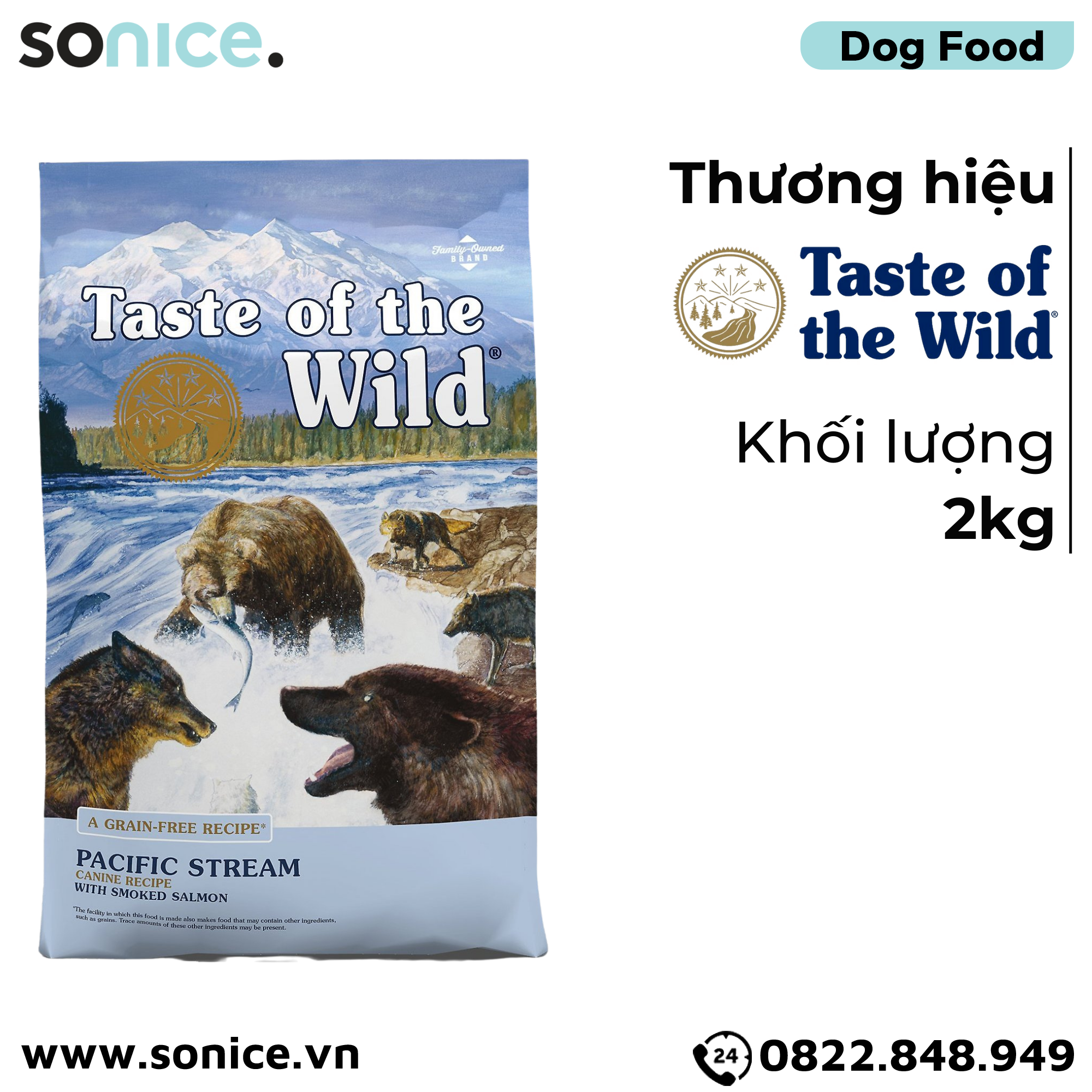 Thức ăn chó Taste Of The Wild Pacific Stream 2kg - Smoked Salmon, Cá Hồi Xông Khói - mọi lứa tuổi nhập USA SONICE.