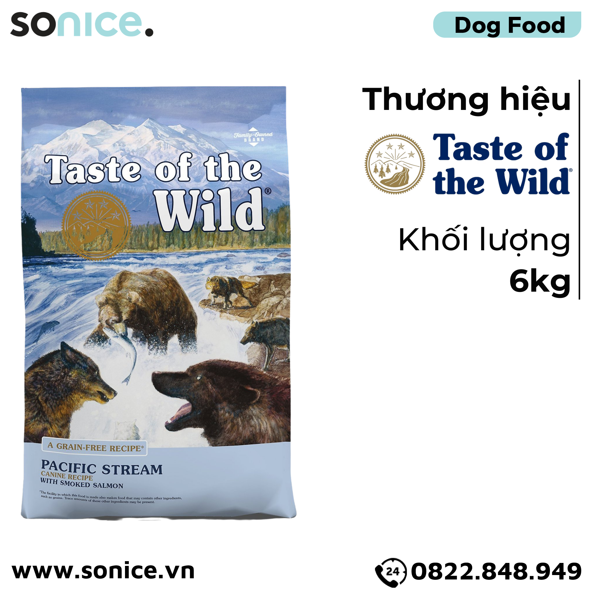 Thức ăn chó Taste Of The Wild Pacific Stream 6kg - Smoked Salmon, Cá Hồi Xông Khói - mọi lứa tuổi nhập USA SONICE.